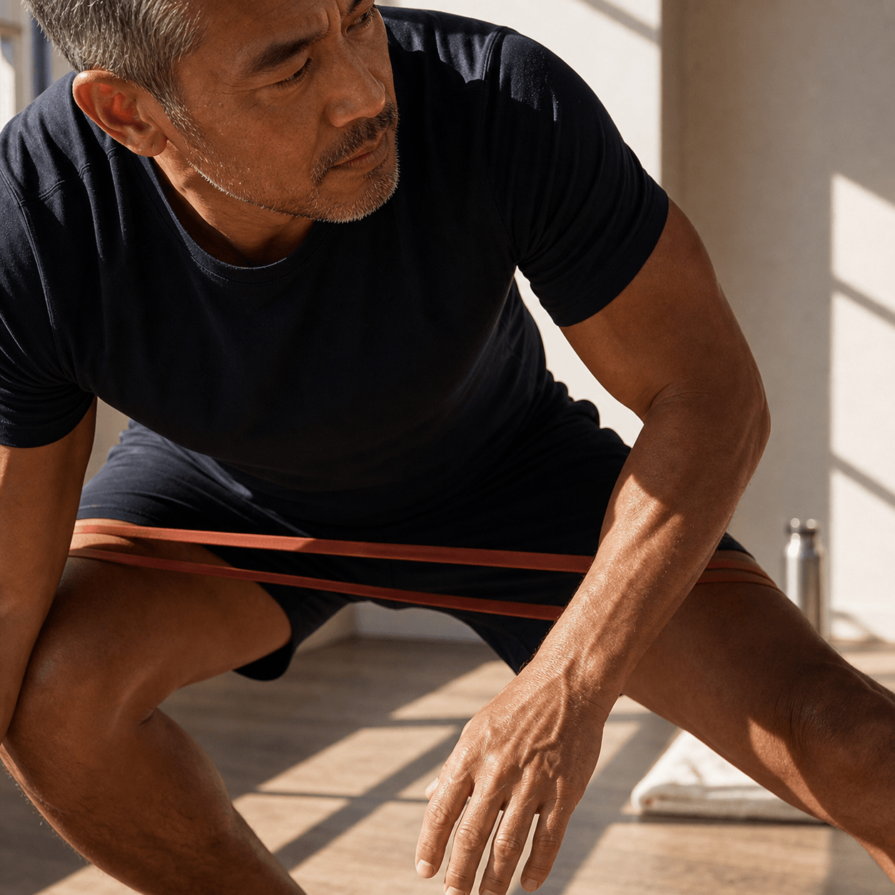 Man doing resistance-band mobility work in sharp morning window light.