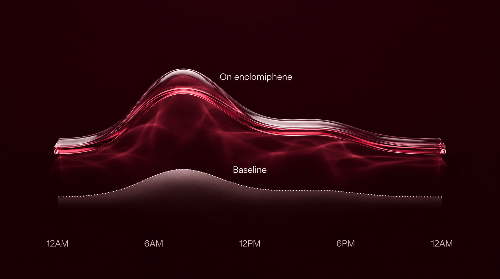 Illustrative 24-hour testosterone rhythm: a glowing wave labeled 'On enclomiphene' rides clearly above a low dotted wave labeled 'Baseline', both peaking in the early morning. Schematic, not patient data.