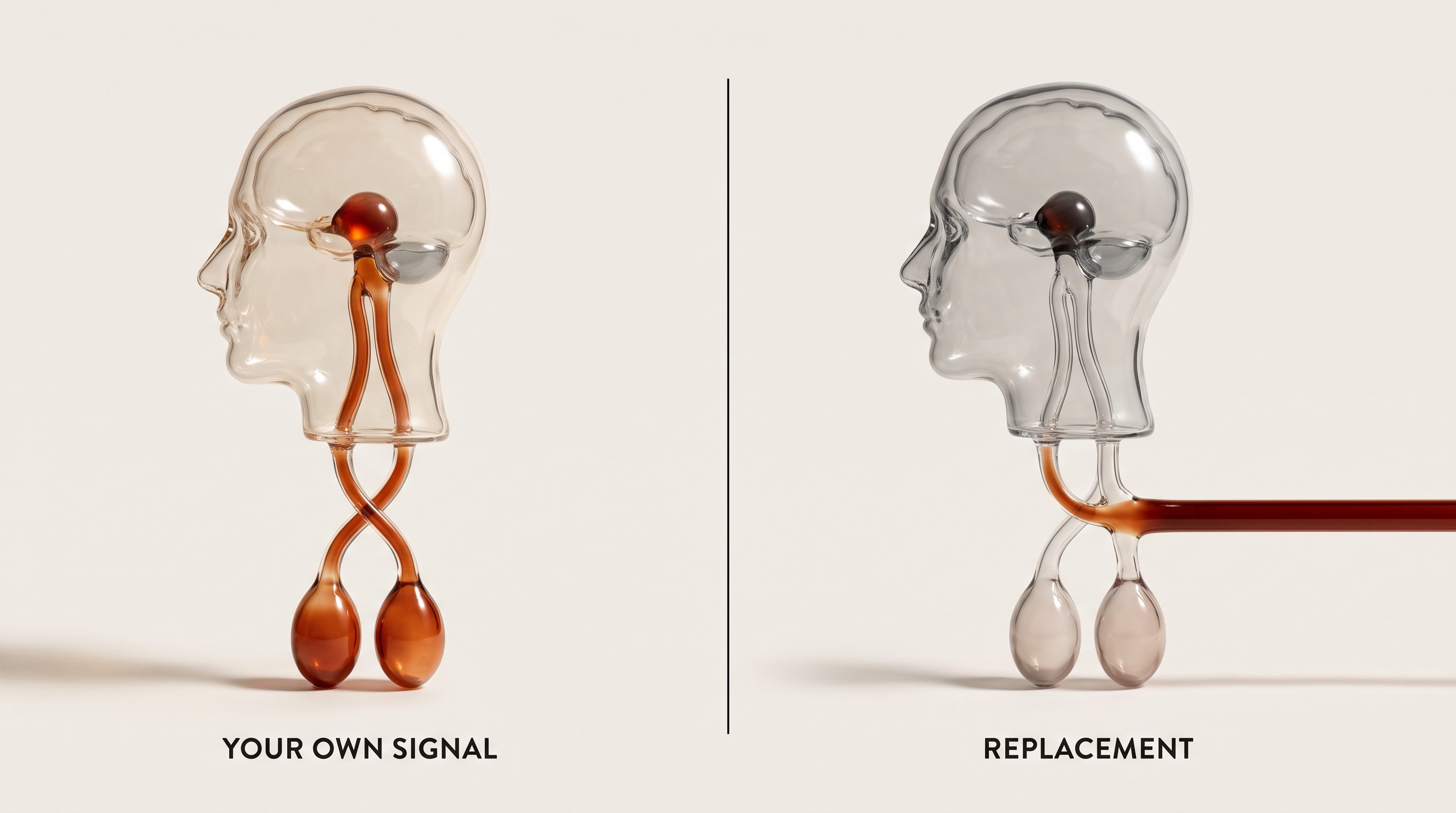 Two glass sculptures side by side. On the left, labelled your own signal, a head carries rust-coloured light from a gland at the base of the brain down to a pair of glowing testes. On the right, labelled replacement, the same head and testes are grey and unlit while a rust-filled pipe feeds in from outside.