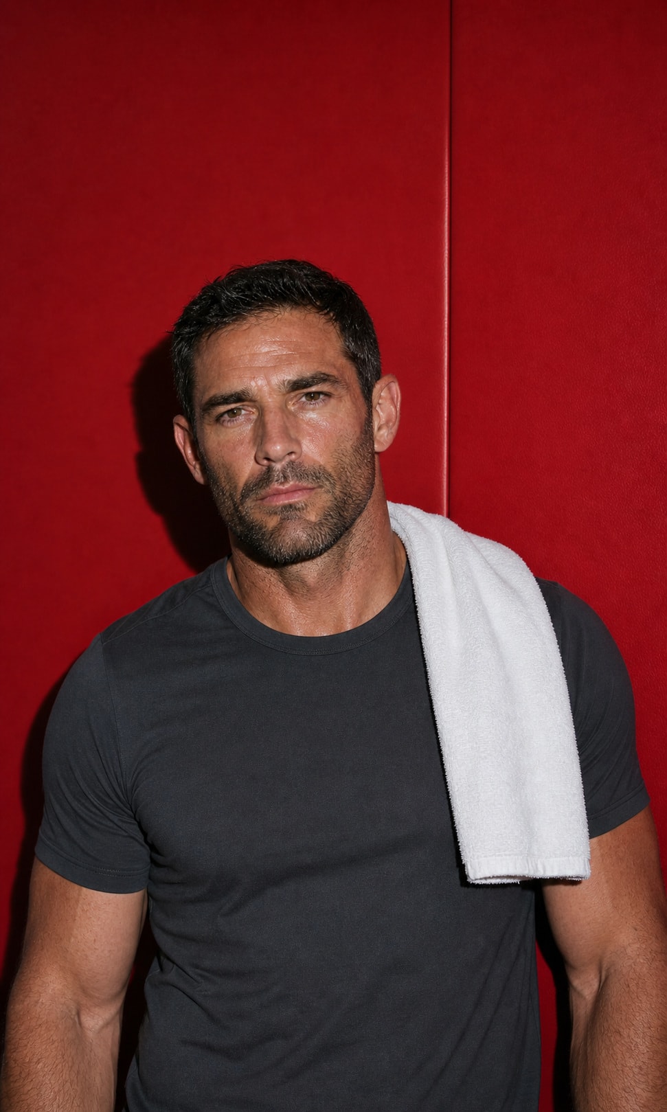 Editorial portrait of a man cooling down after a workout against a vivid red gym wall.