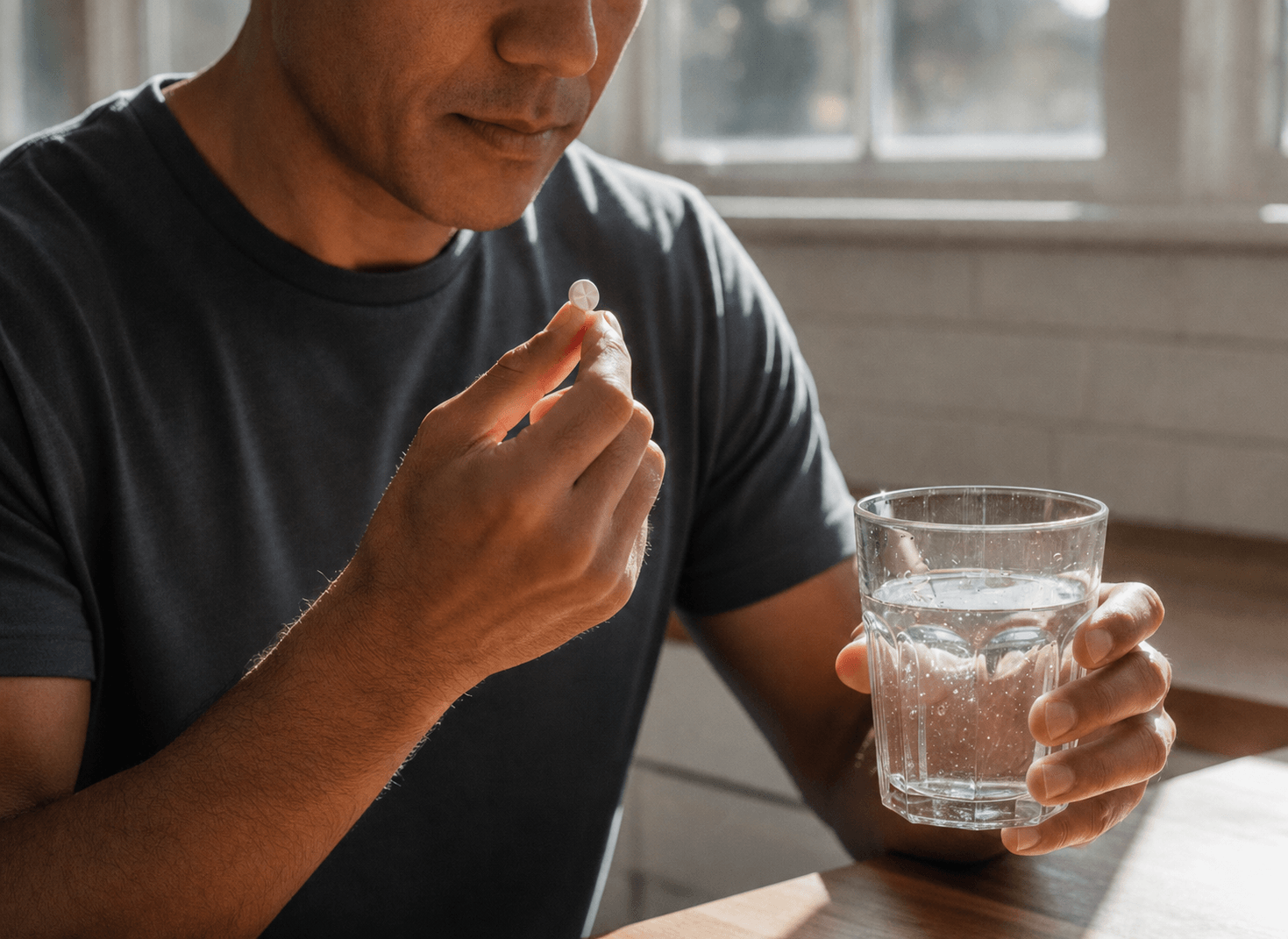 Man holding a round flex-dose tablet with a glass of water in bright morning kitchen light.