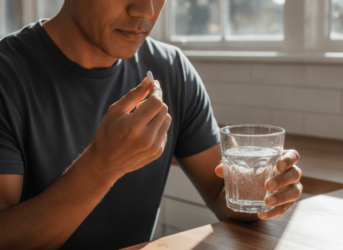 Man taking a single capsule with a glass of water in bright morning kitchen light.