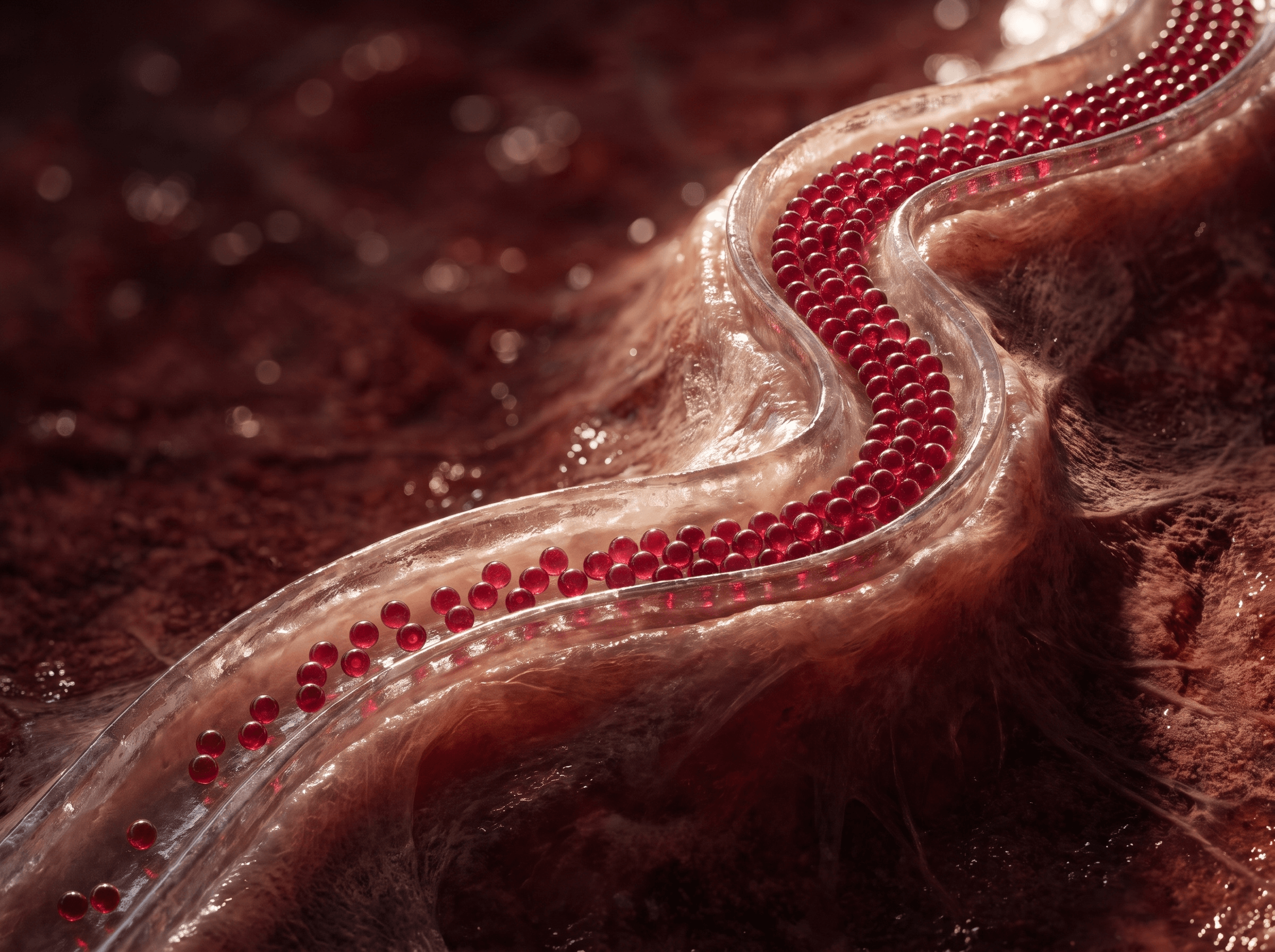 Macro render of a vessel carrying bright red messenger particles.