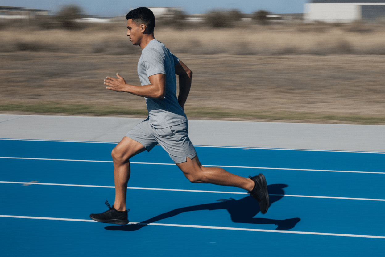 Man running outdoors in bright daylight.