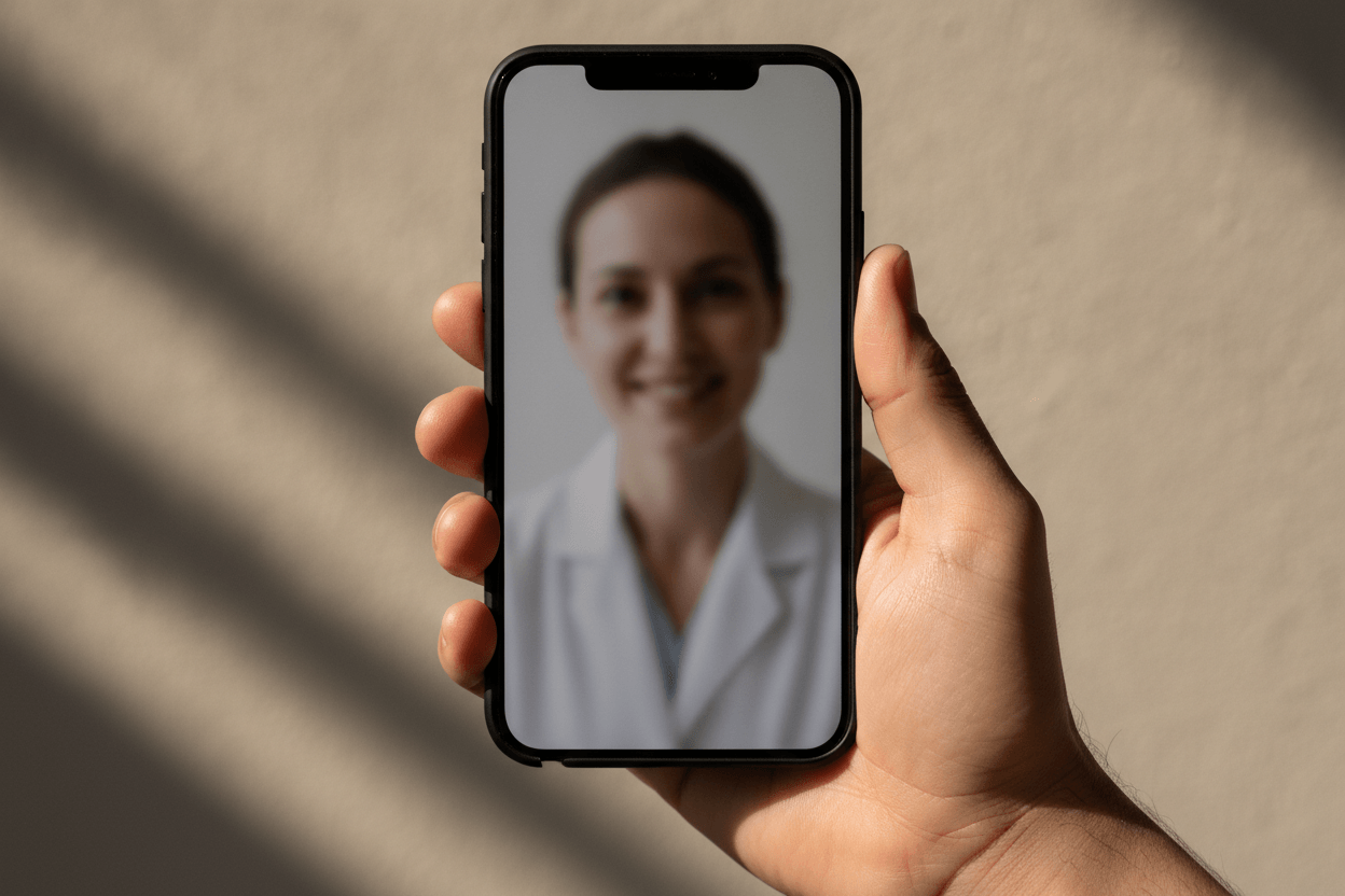 Hand holding a phone showing a video visit with a physician.