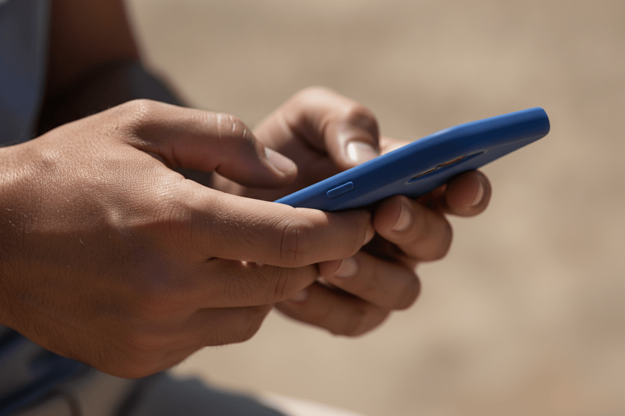 Hands holding a phone with a cobalt blue case.