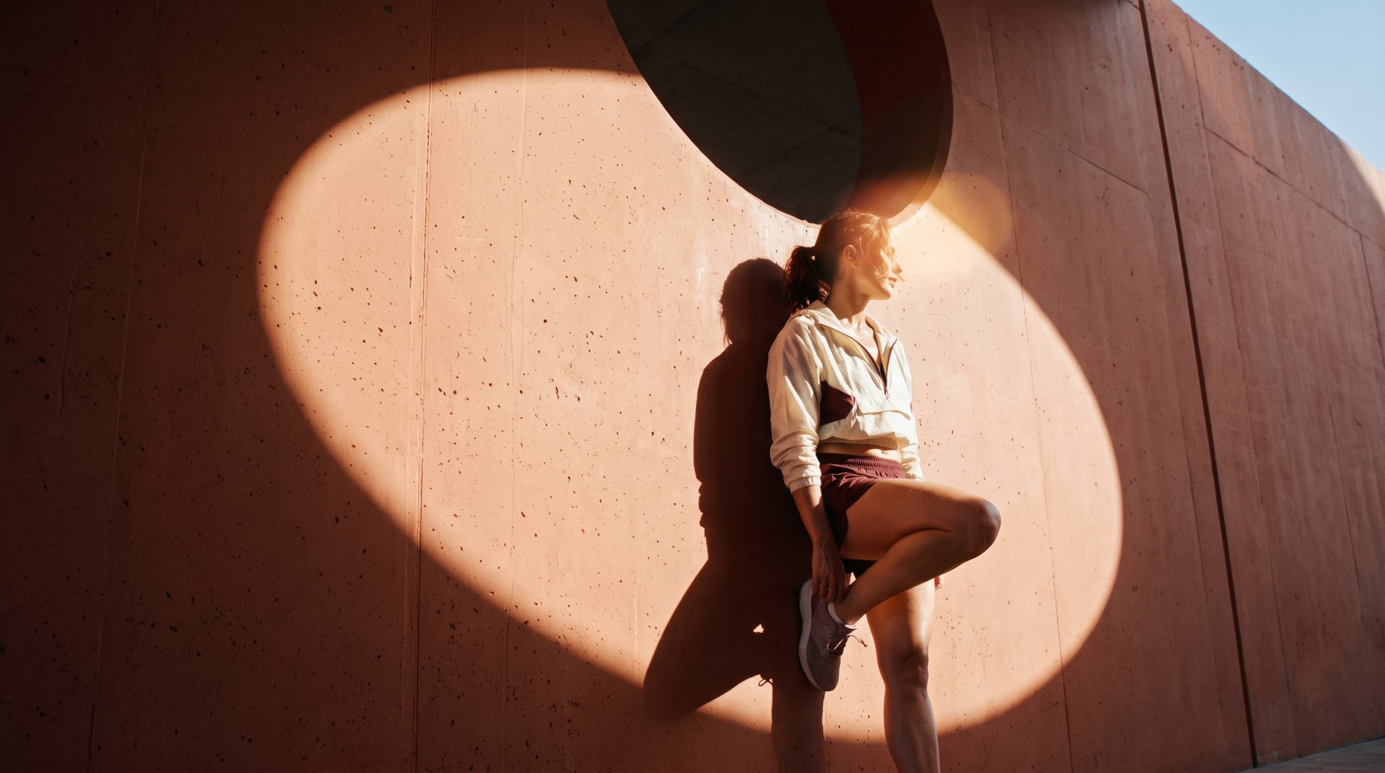 Woman pausing in hard sunlight against concrete after movement.