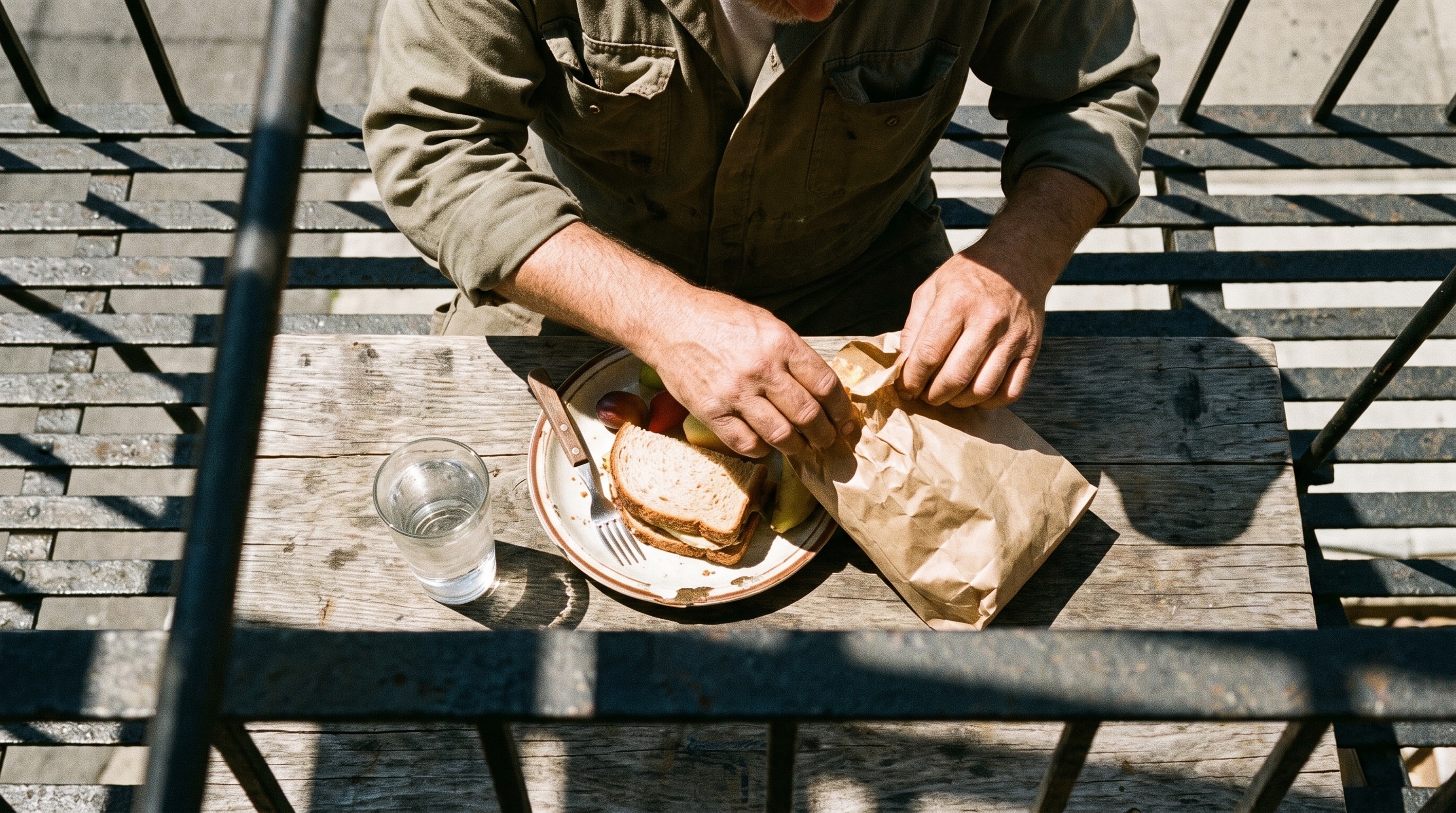 Hands preparing a simple meal on a weathered outdoor table.