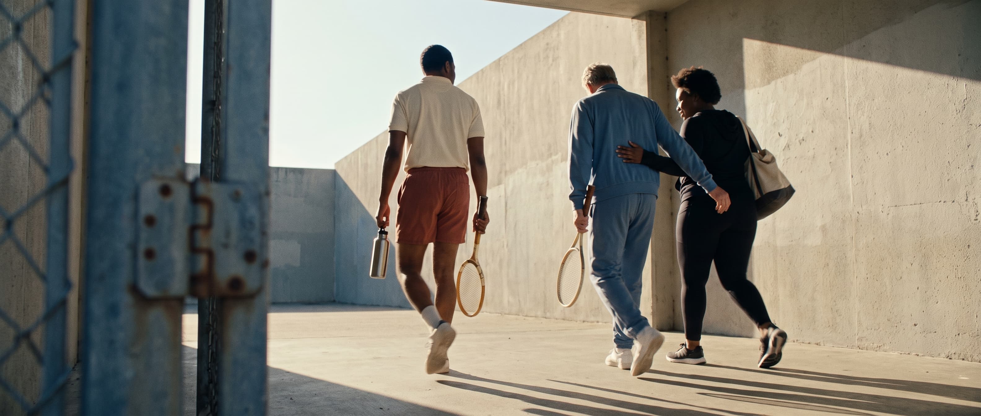 Three adults leaving a sunlit court after training.