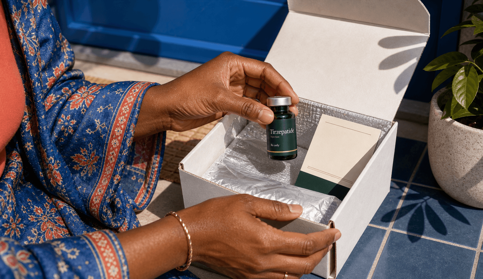 Person lifting a prescribed vial from a discreet insulated delivery box in warm daylight.