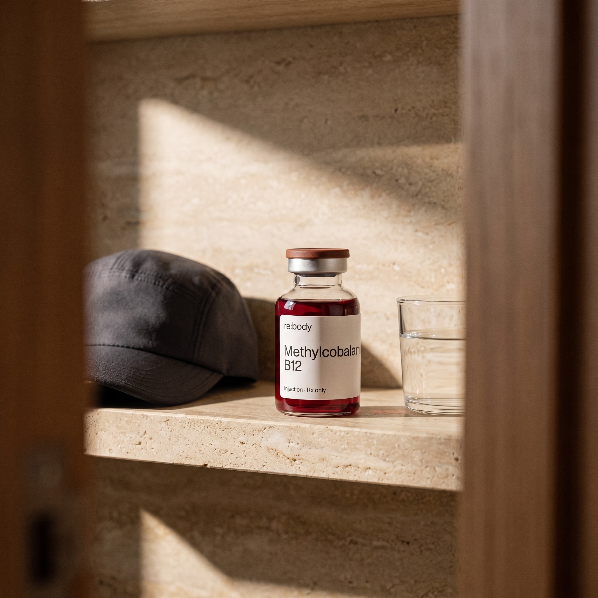 A Rebody B12 vial on a sunlit shelf beside a cap and a glass of water.