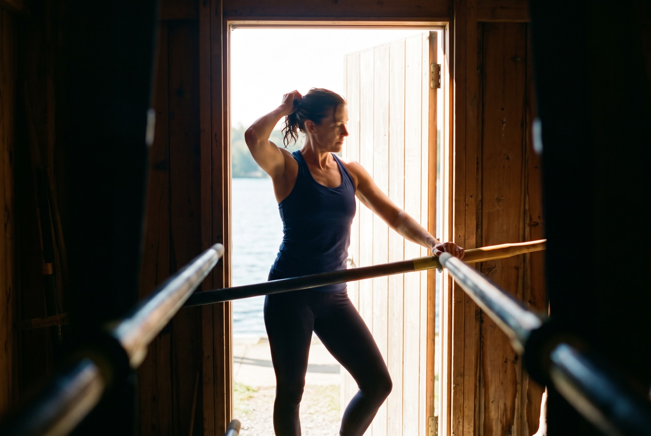 An athlete stepping into bright daylight through an open doorway with a training hoop.