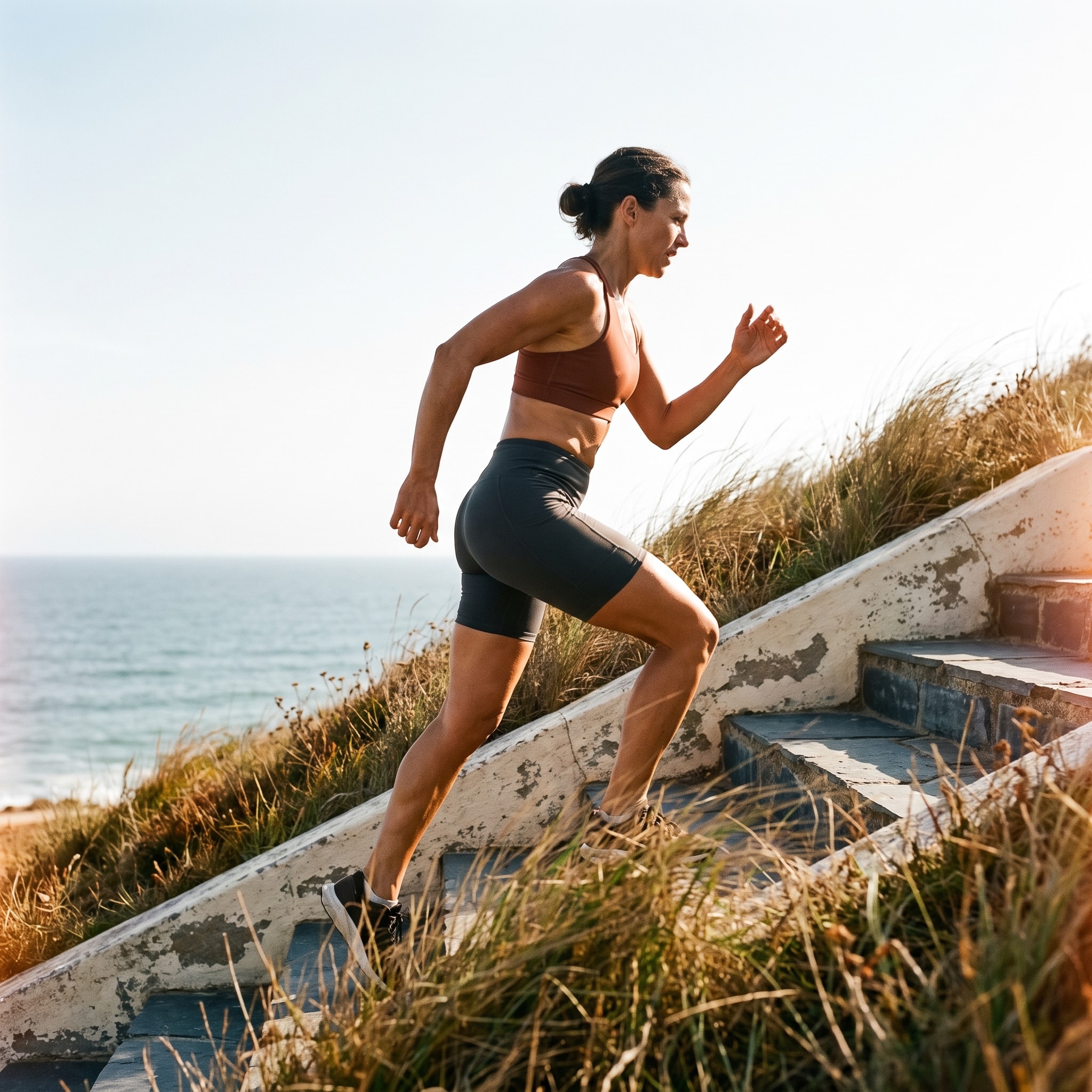 A runner climbing coastal steps in warm evening light.