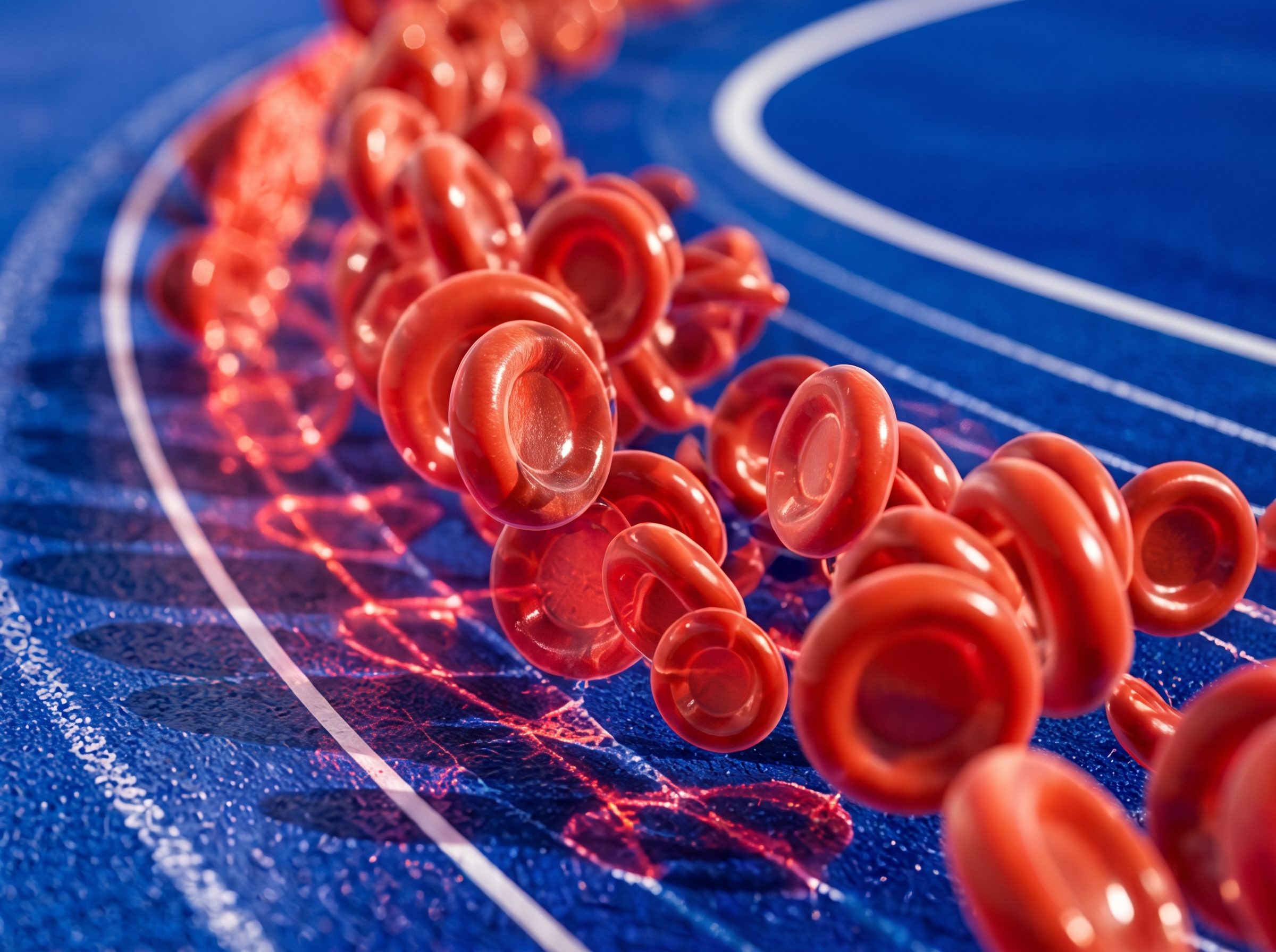 Translucent red blood cell hoops moving across a cobalt track lane.