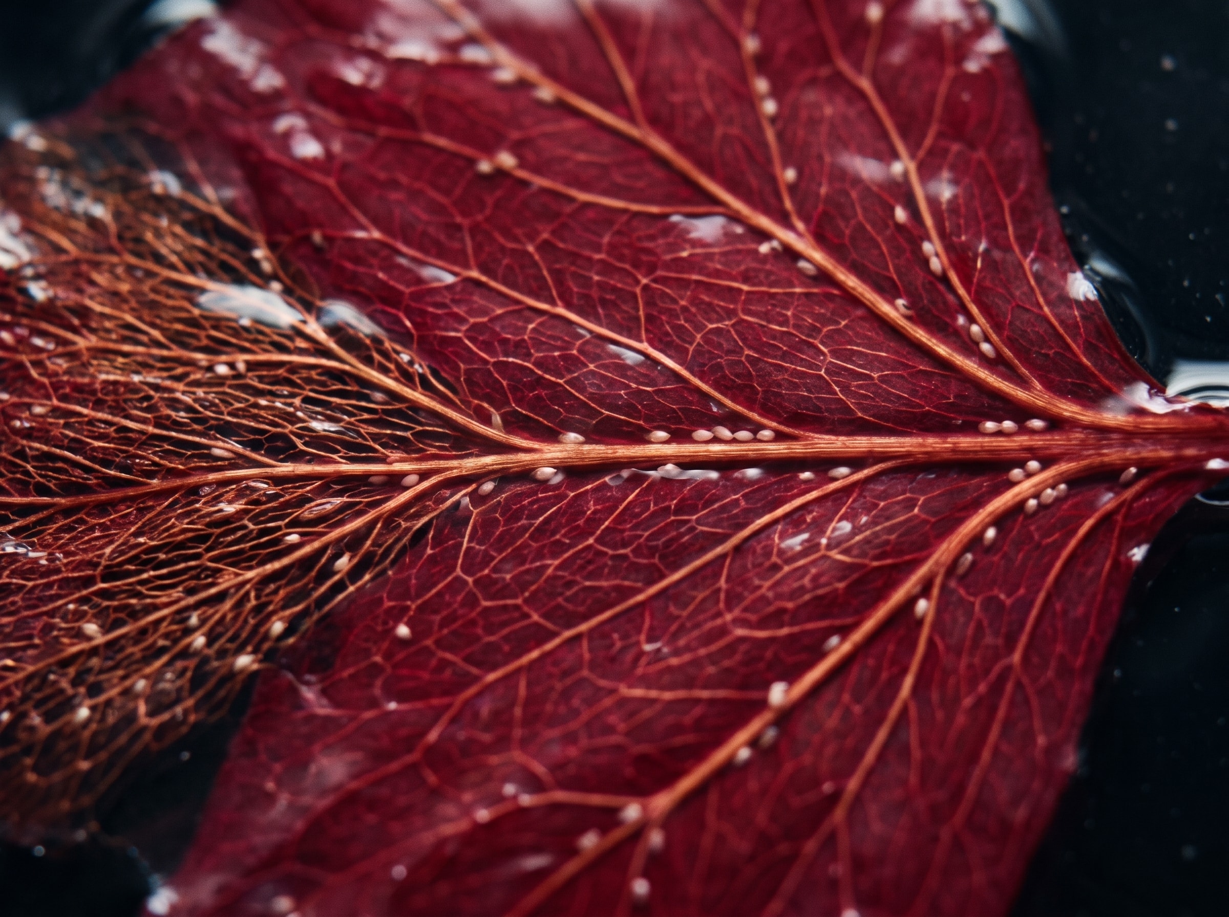A deep red leaf photographed close up, its vein network filling the frame.