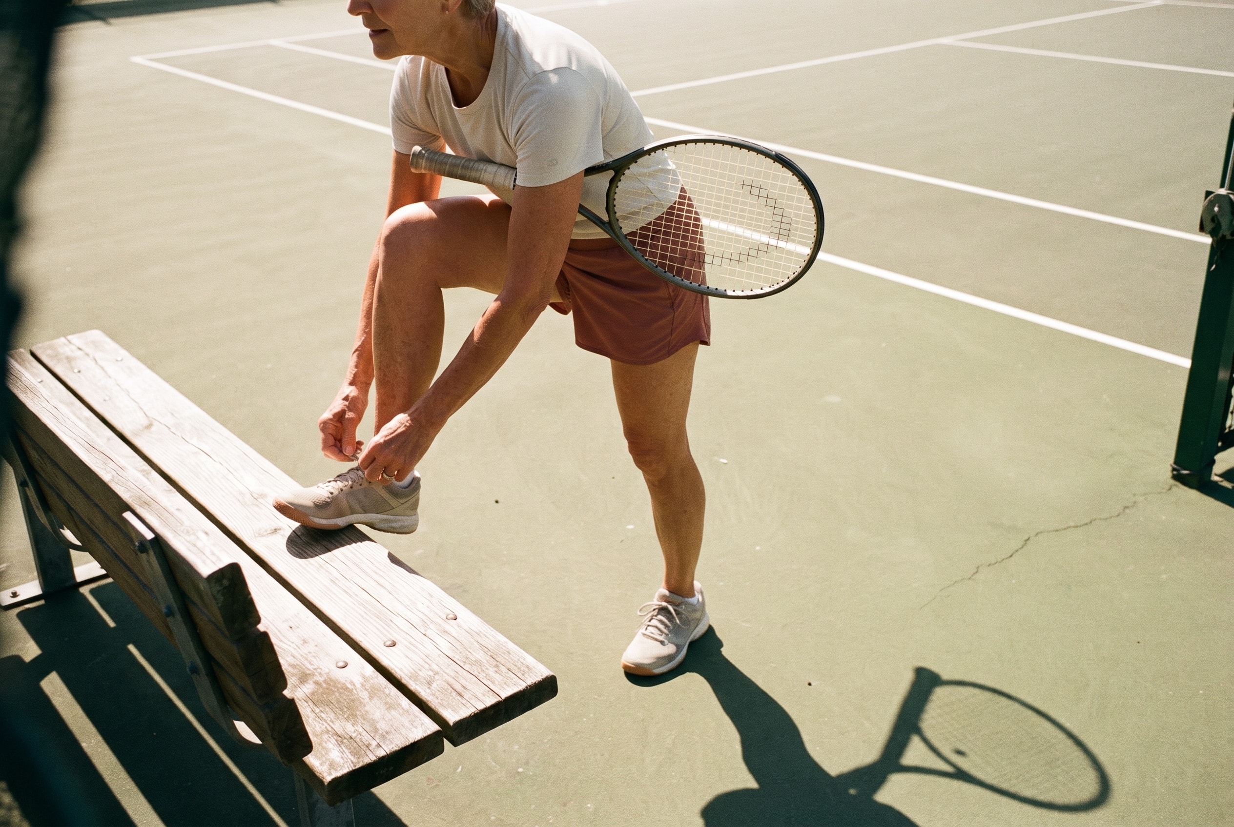 A tennis player tying a shoe on a courtside bench in hard sunlight.