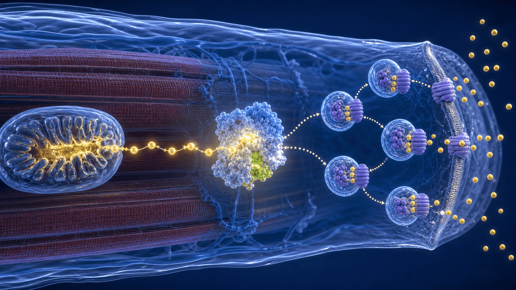 Skeletal-muscle cell diagram showing a mitochondrial peptide signal, a central kinase complex, and transporter vesicles docking at the membrane.