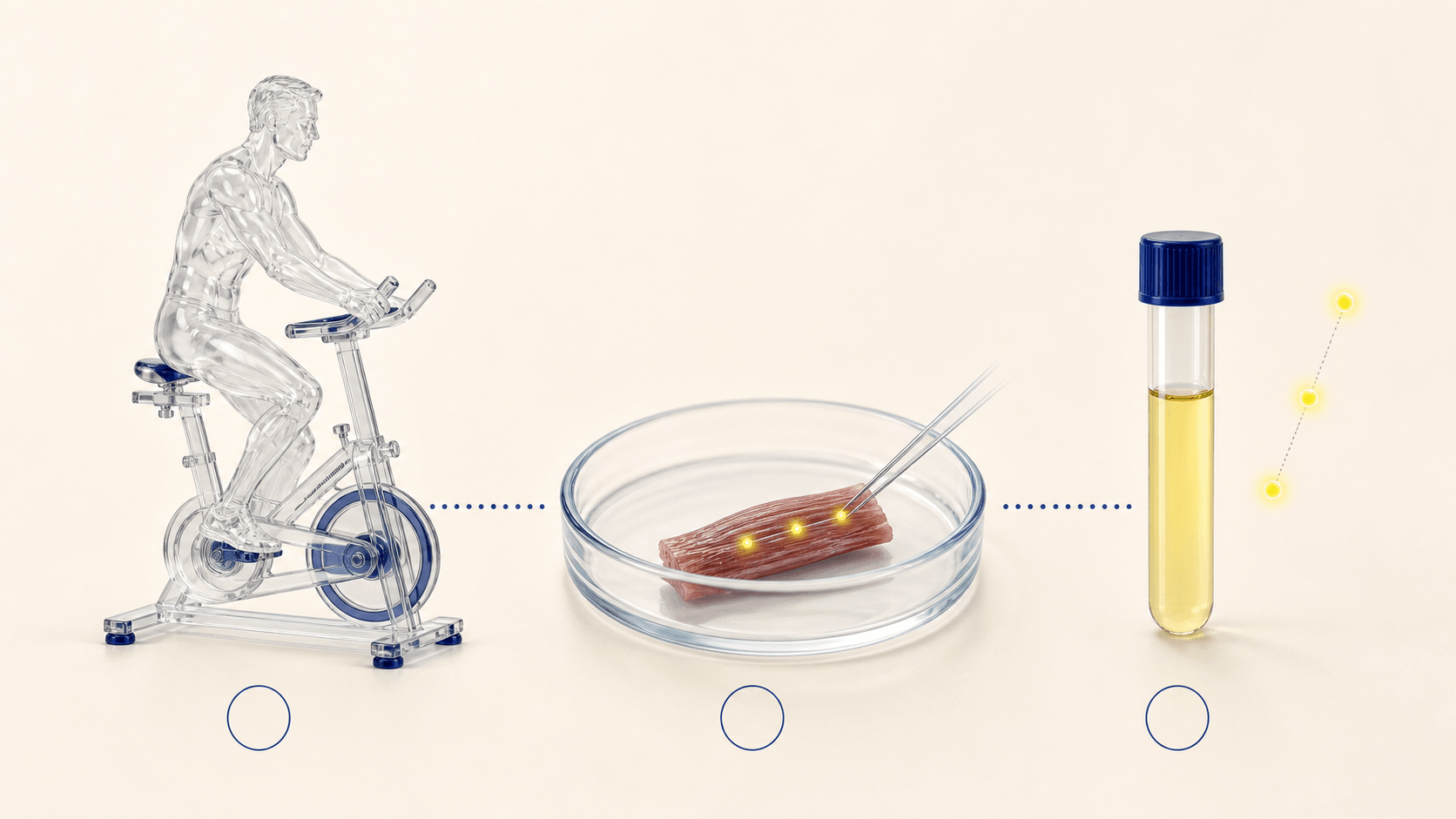 Stationary bicycle, muscle biopsy specimen, and serum tube arranged as an exercise-study sequence.