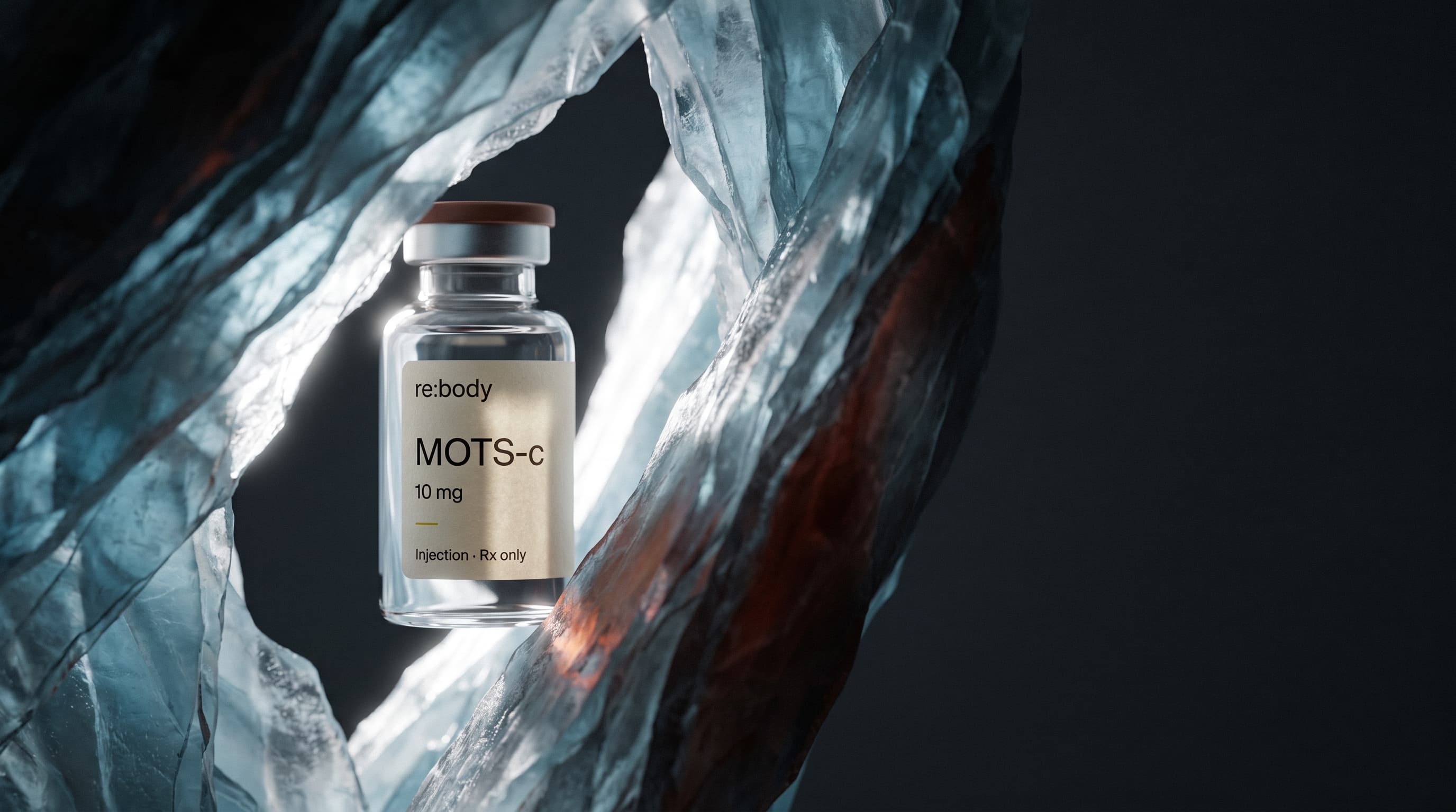 Rebody MOTS-c vial framed by translucent ice-blue mineral sheets
