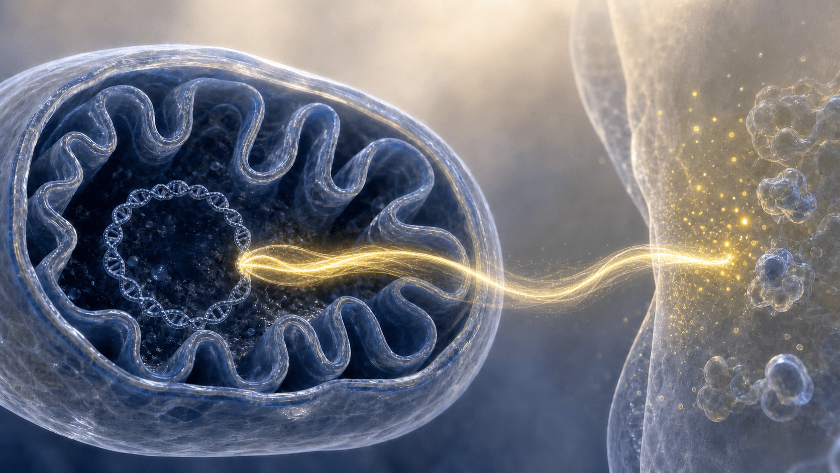 Glass mitochondrion with circular mitochondrial DNA and a connected peptide signal.