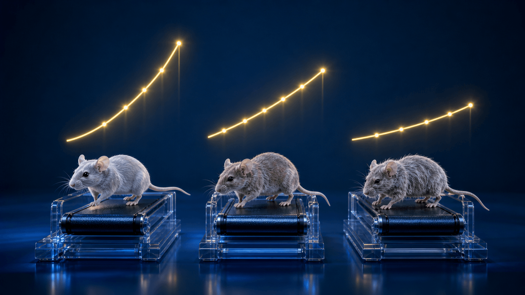 Laboratory mice of different ages on small treadmills with measured capacity trajectories.