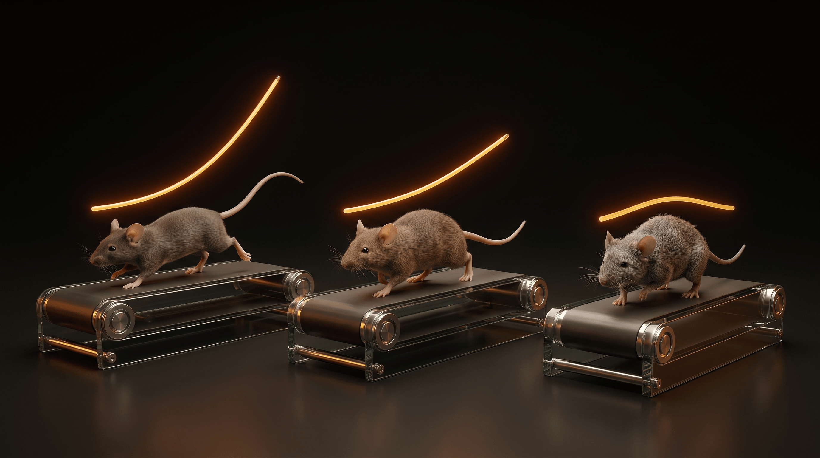 Laboratory mice of different ages on small treadmills with measured capacity trajectories.