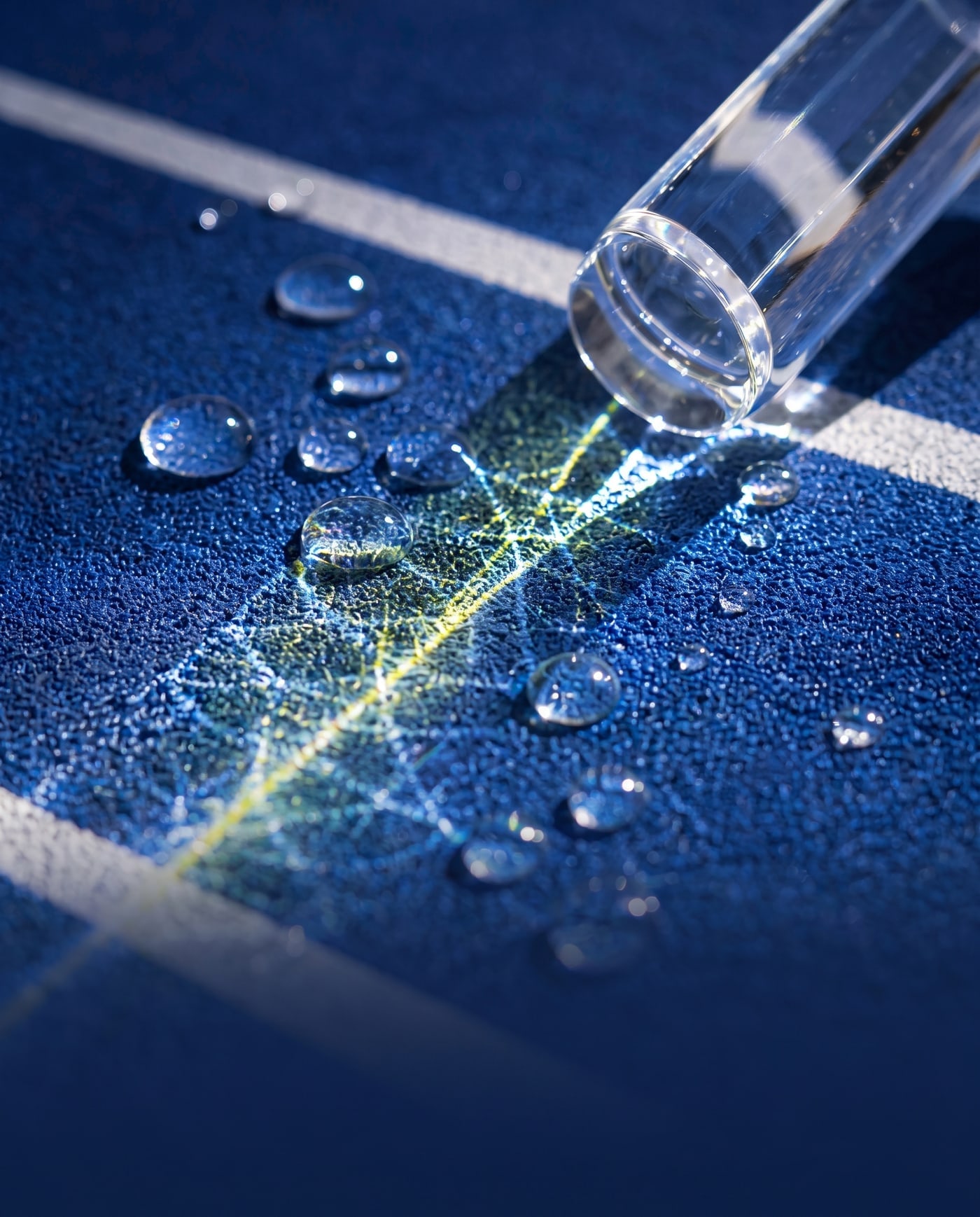 On-brand cellular refraction concept with blue membrane forms and lime energy accents.