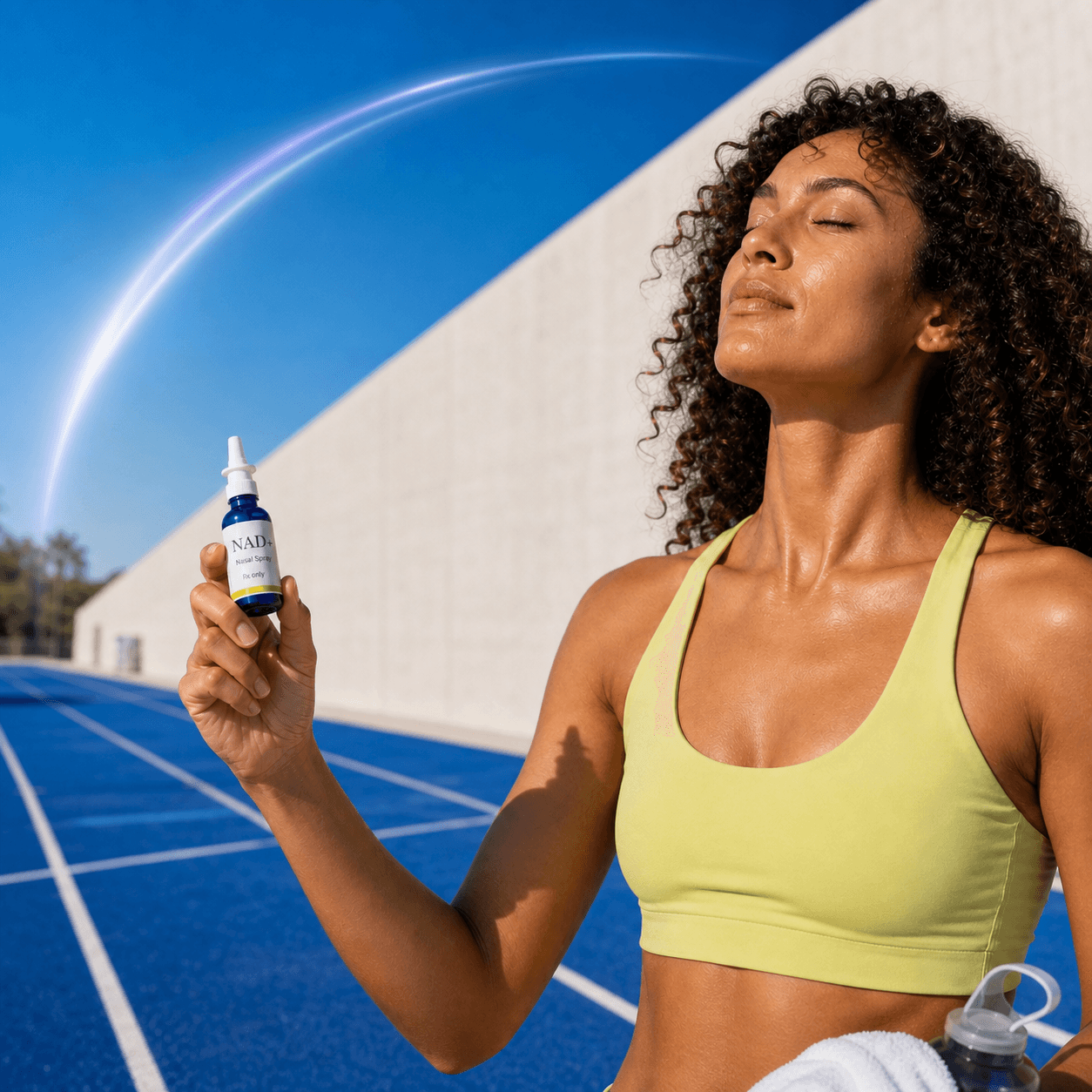 Adult holding an NAD+ nasal spray bottle against a blue background.