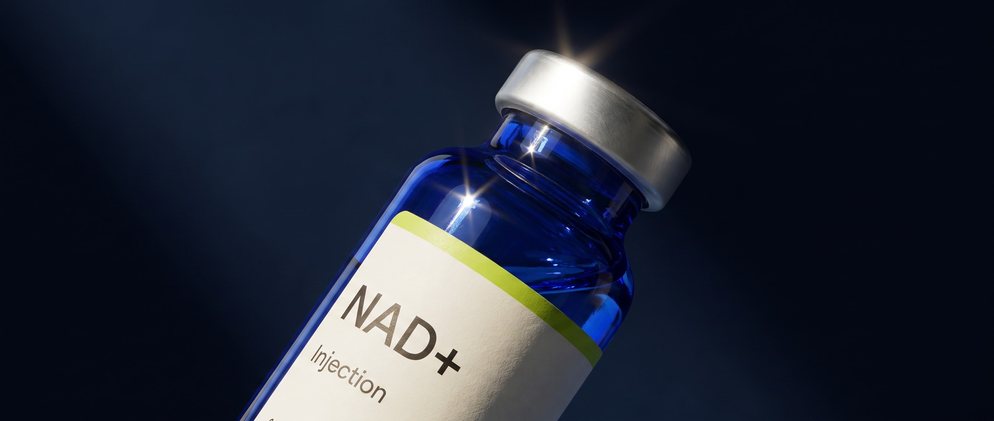 NAD+ injectable vial product detail on dark navy