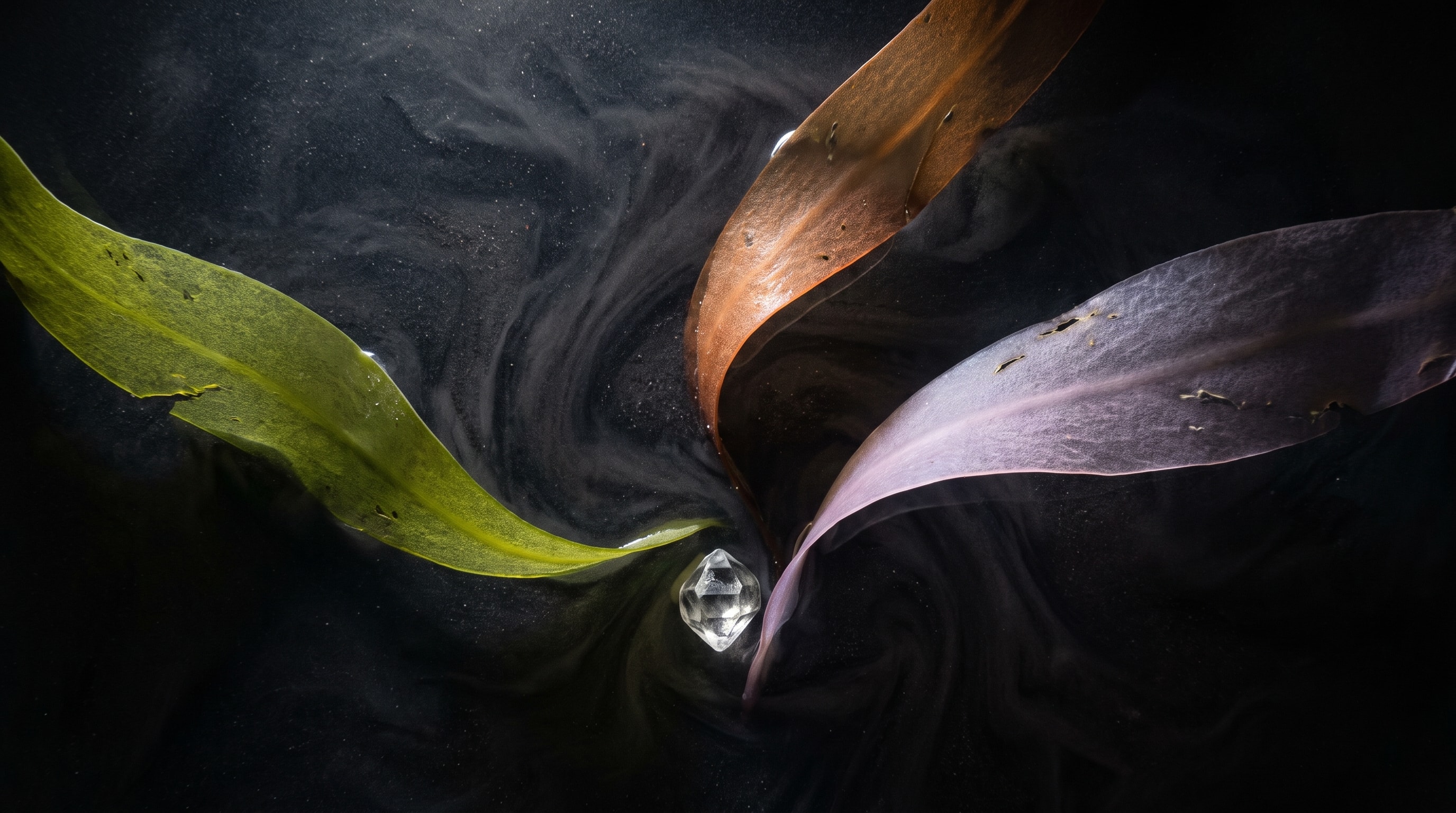 Green, rust, and violet leaves curling around a clear crystal in dark water.