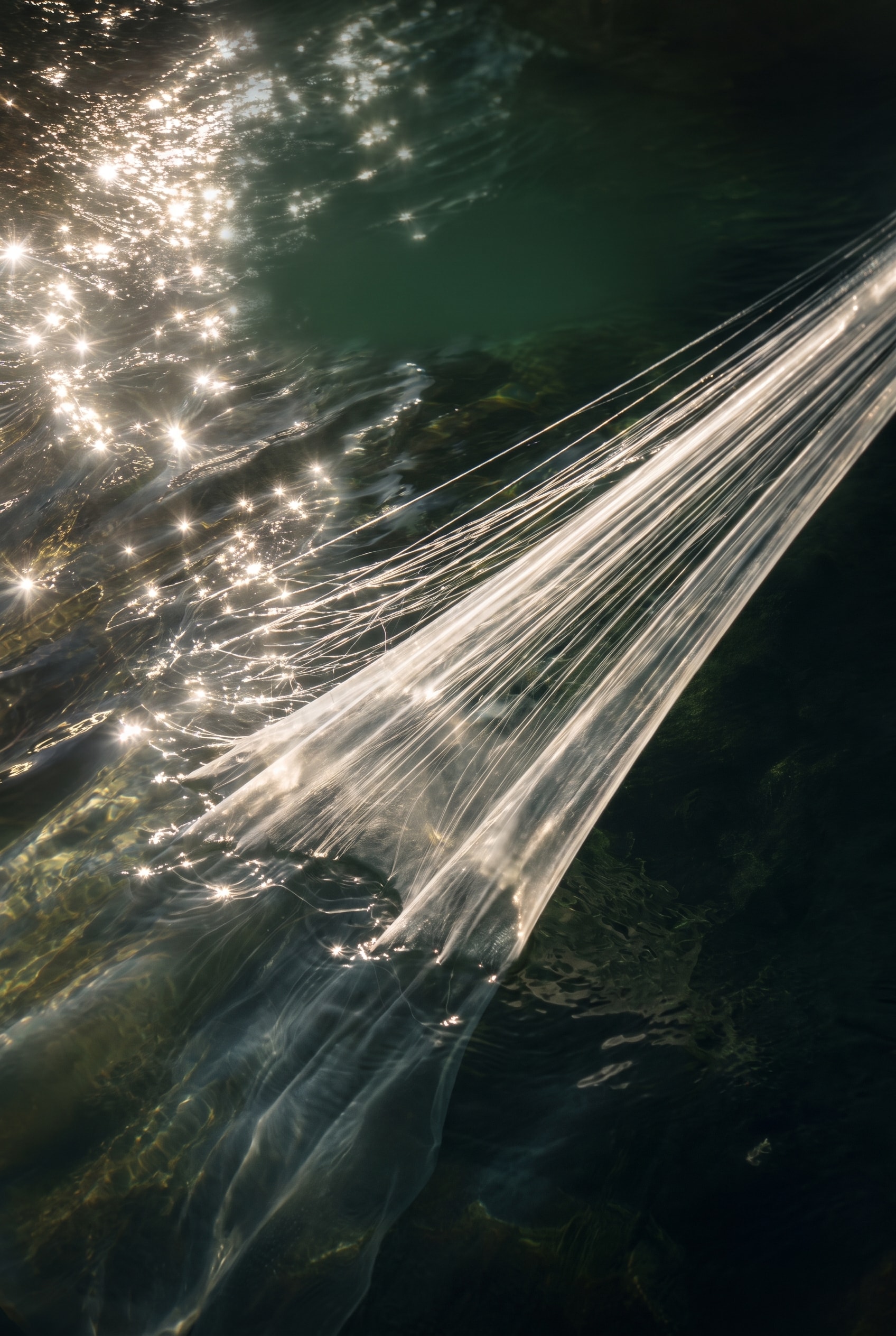 Fine translucent filaments drifting through sunlit water.