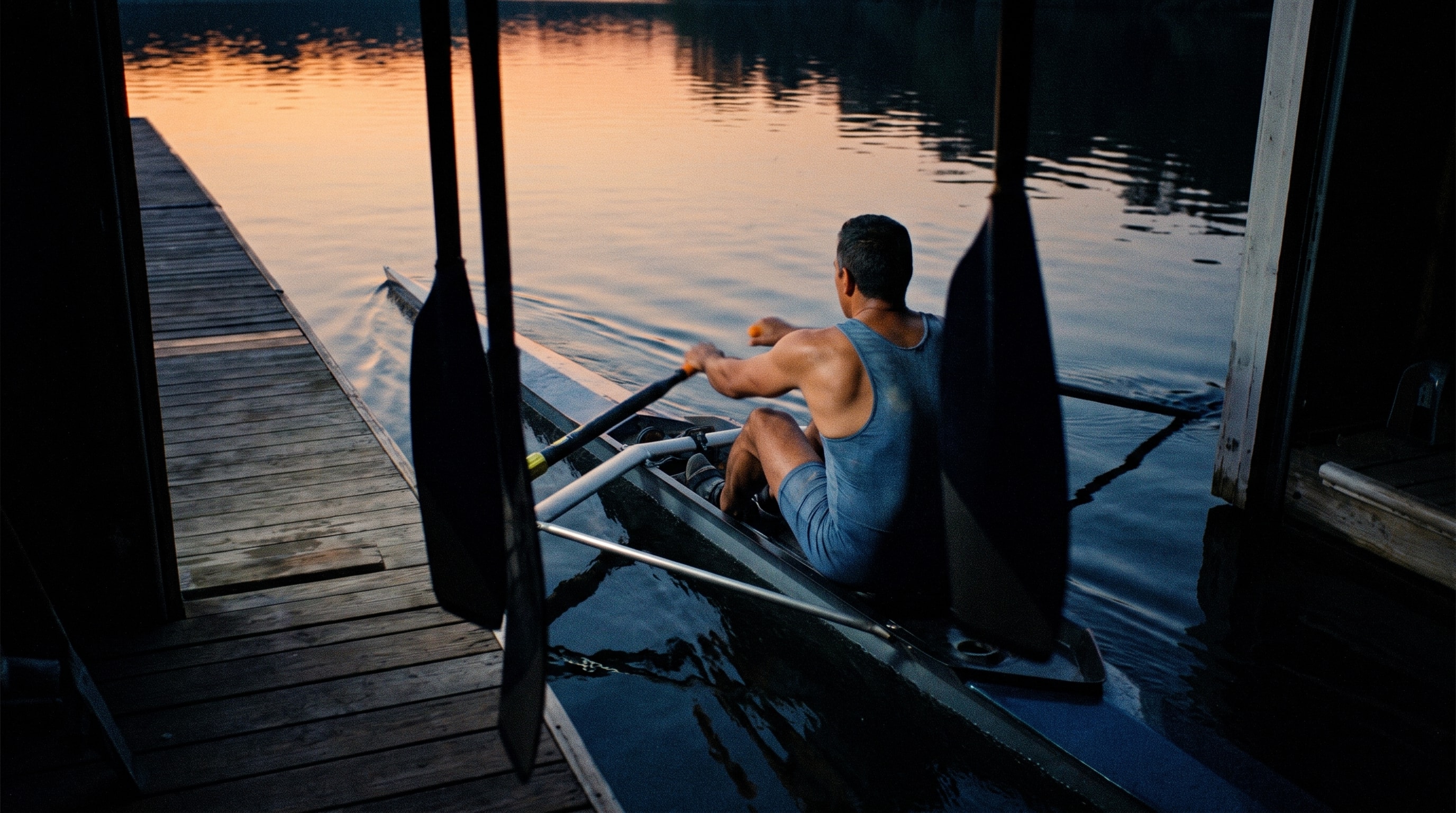 Rower pushing off a dock at first light.