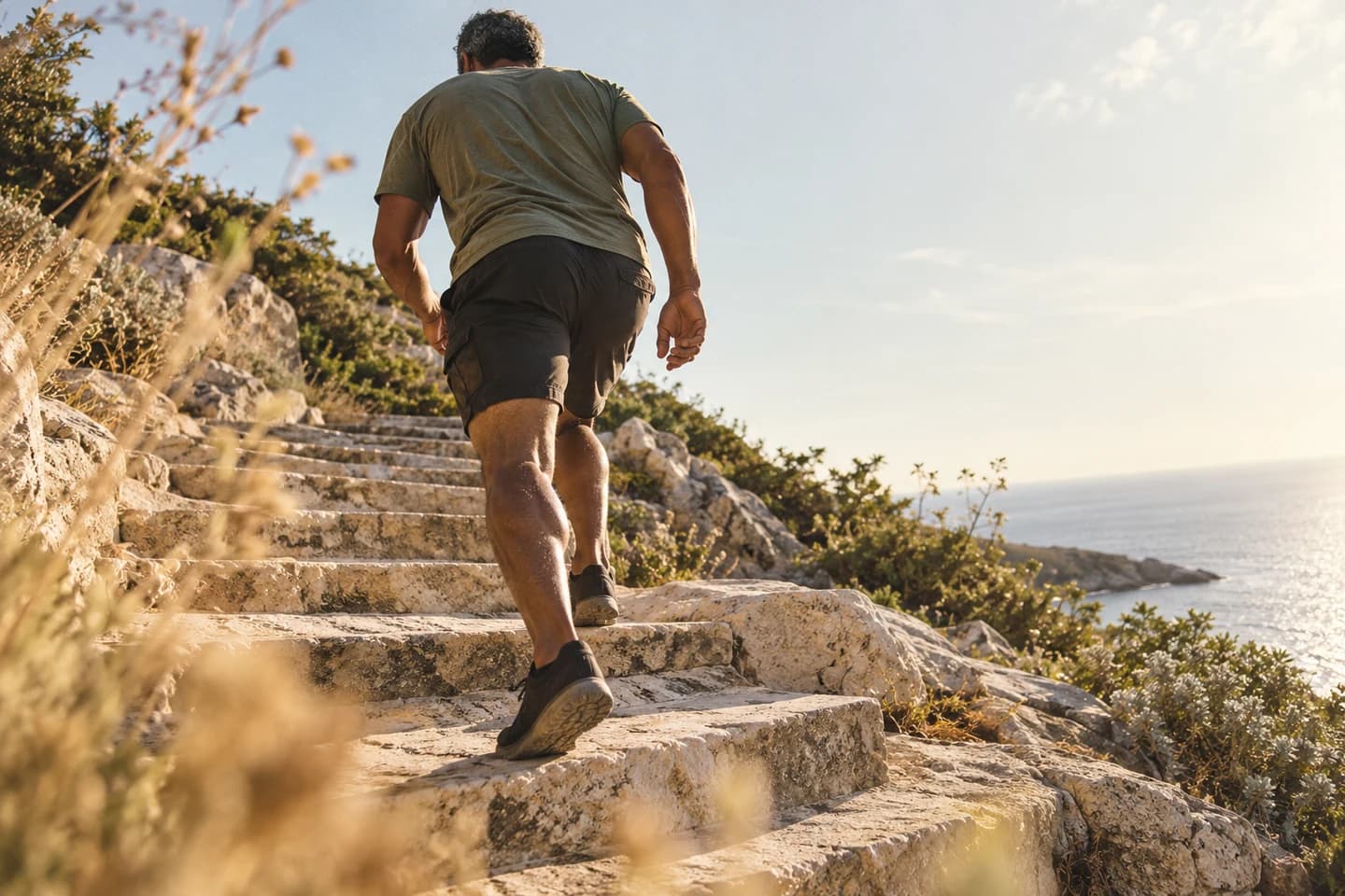 An adult climbing coastal steps in warm afternoon light