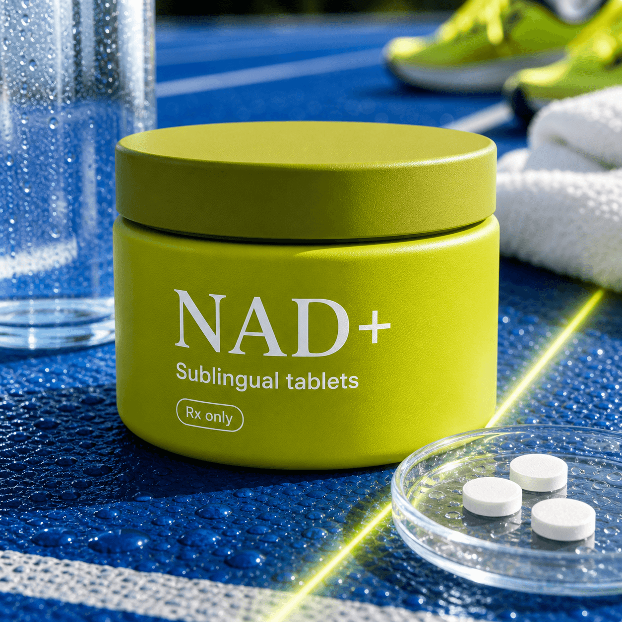 NAD+ sublingual tablet bottle held in Rebody sensory editorial light with tablets, cobalt track, and glass caustics.