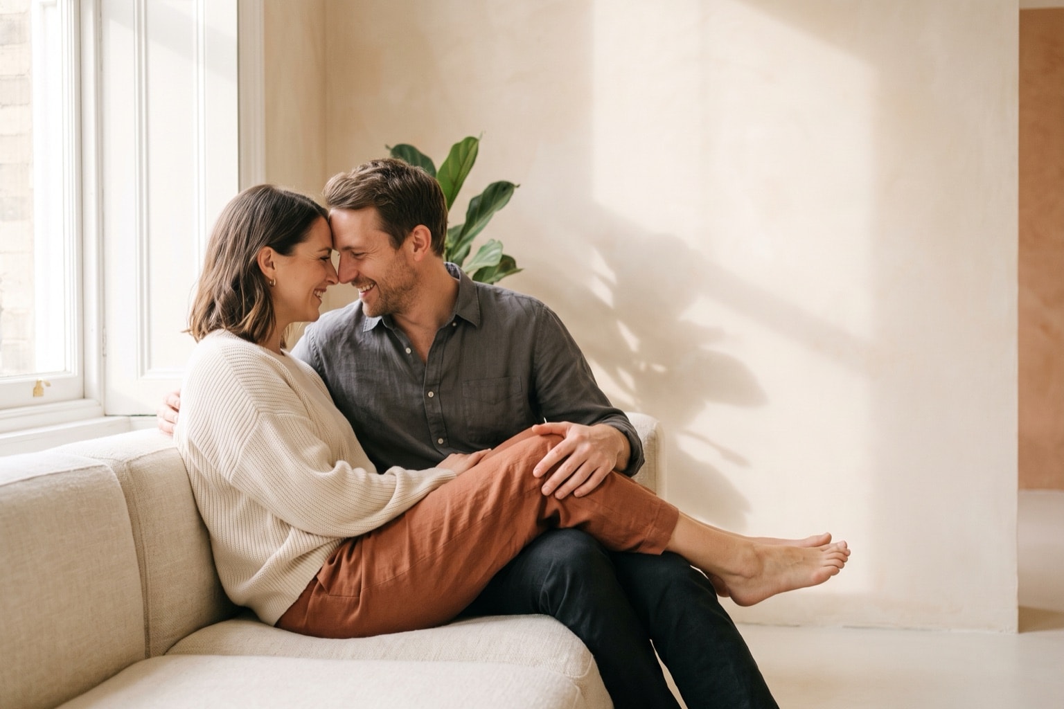 An adult couple on a linen sofa with their foreheads touching, a plant shadow on the warm plaster wall behind them.