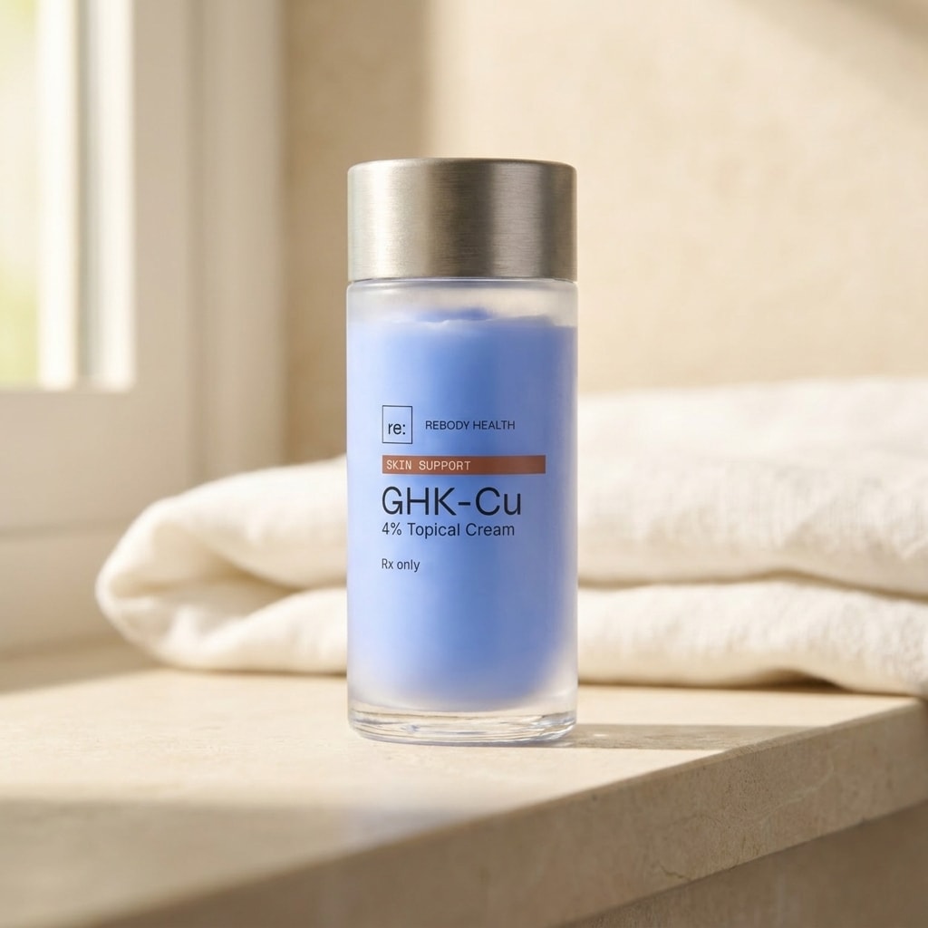 The Copper Peptide Cream 4% jar on a stone bathroom shelf beside a folded towel.