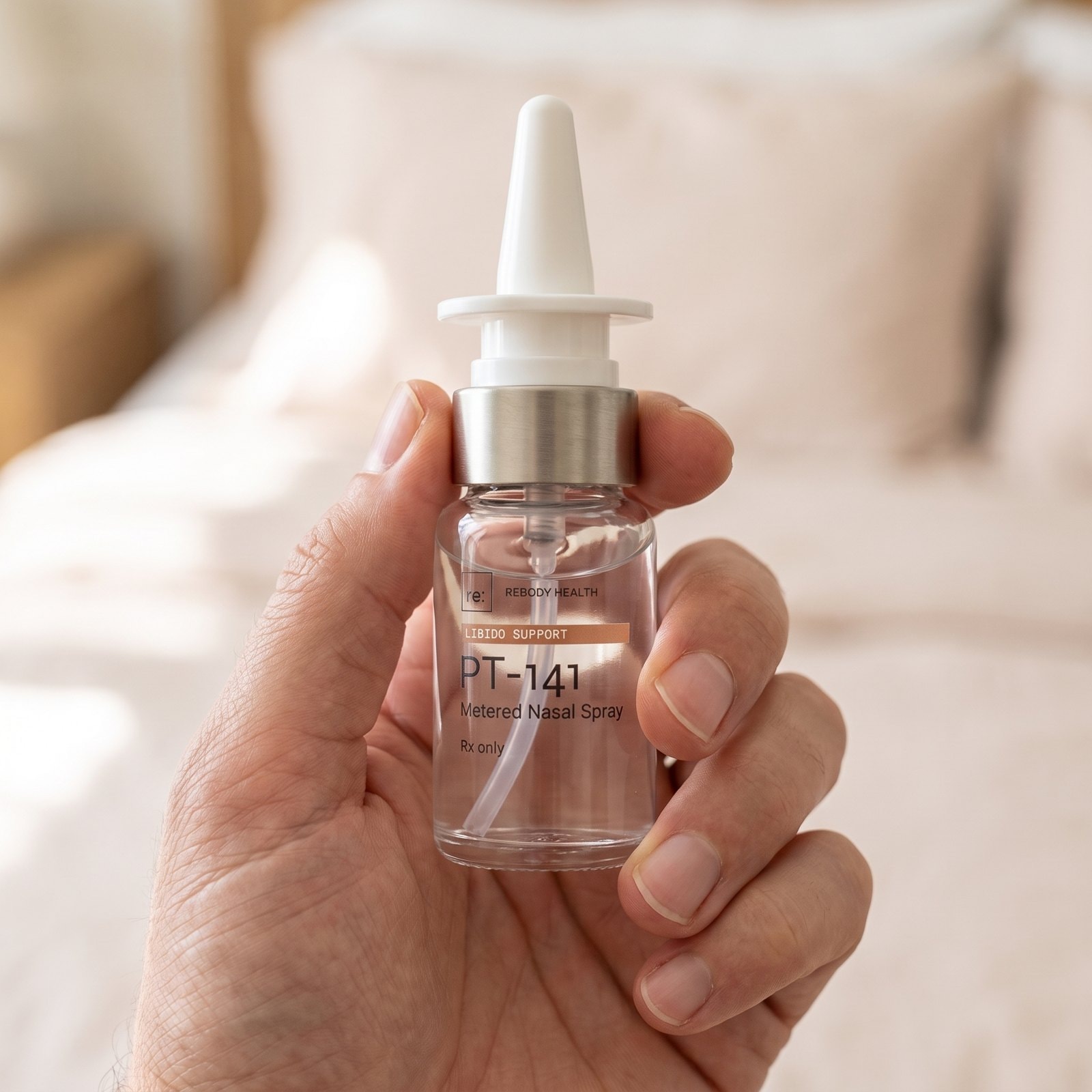 A hand holding the pt-141 nasal spray package in soft daylight, label facing out.