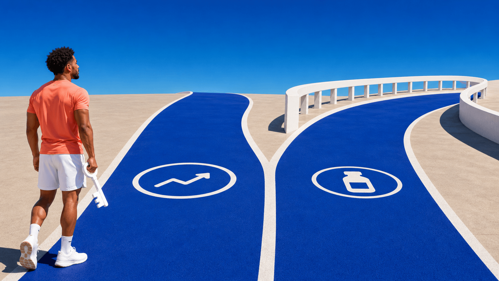 Editorial illustration of two paths representing enclomiphene and TRT.