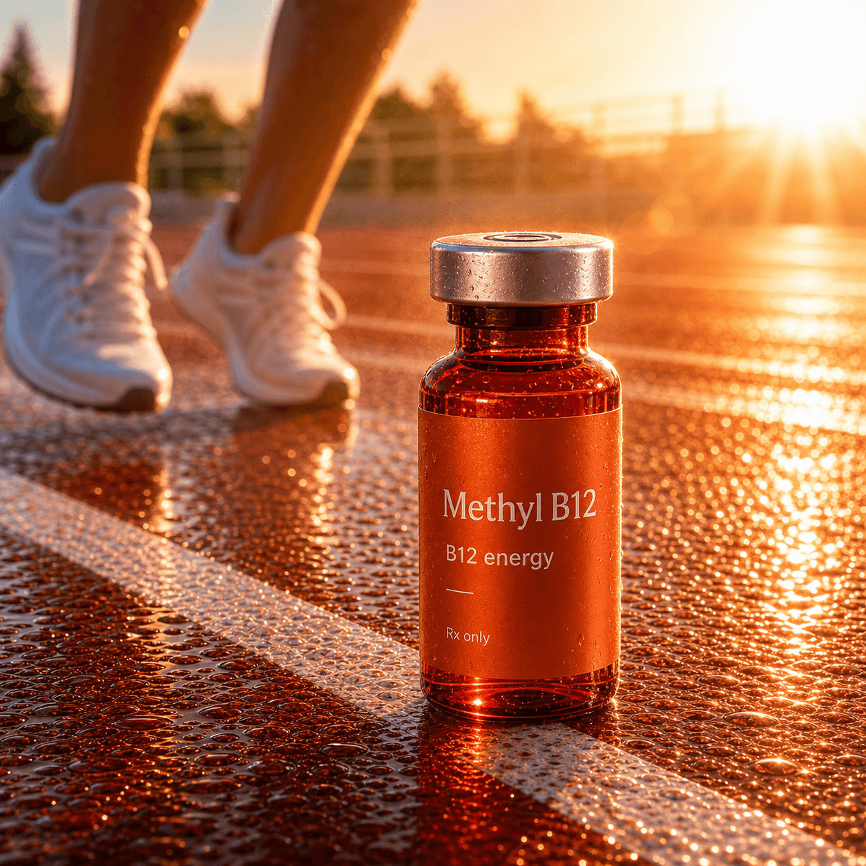 Unbranded methylcobalamin B12 injectable vial on a cobalt Rebody editorial surface.