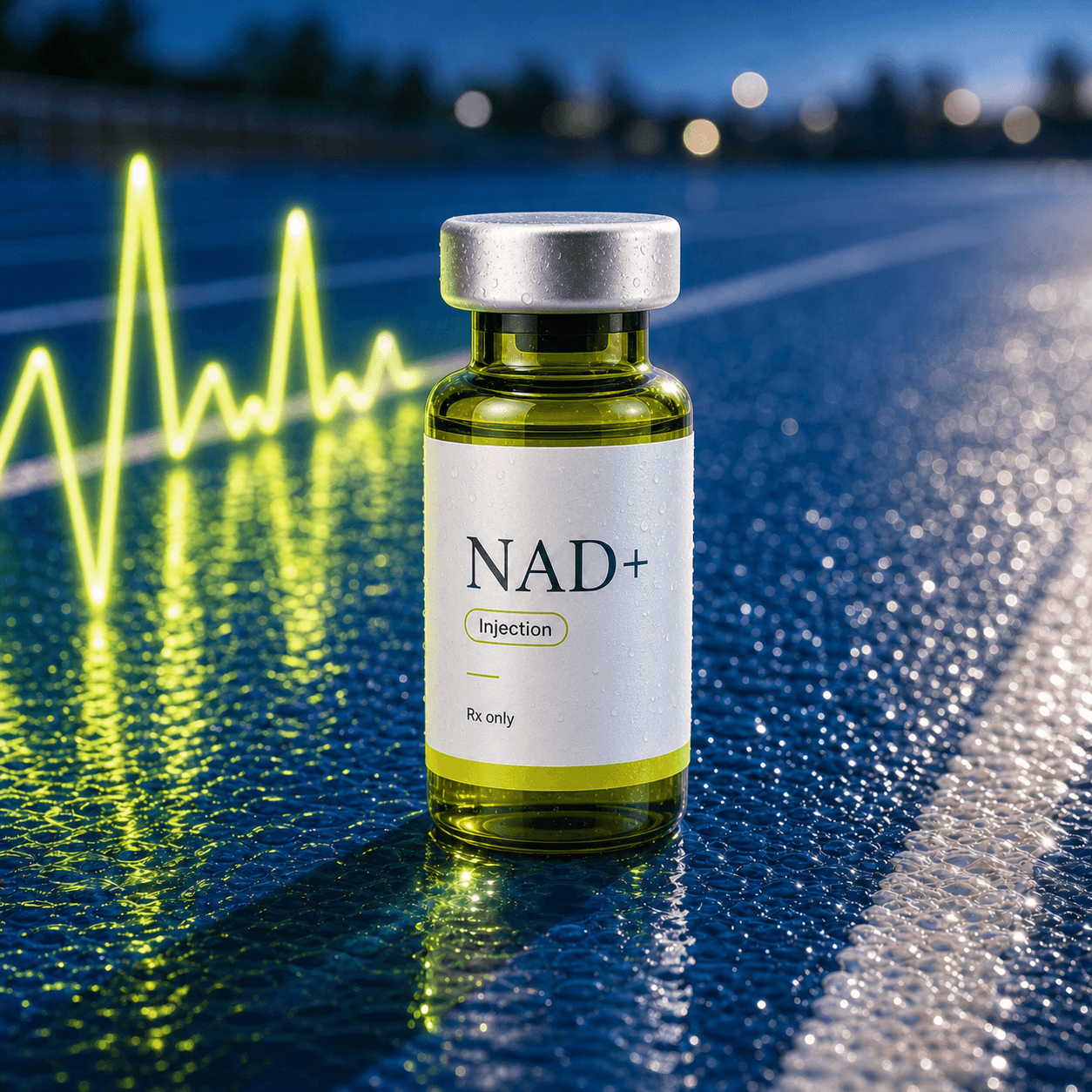 NAD+ injection vial held in Rebody sensory editorial light with cobalt track and glass caustics.