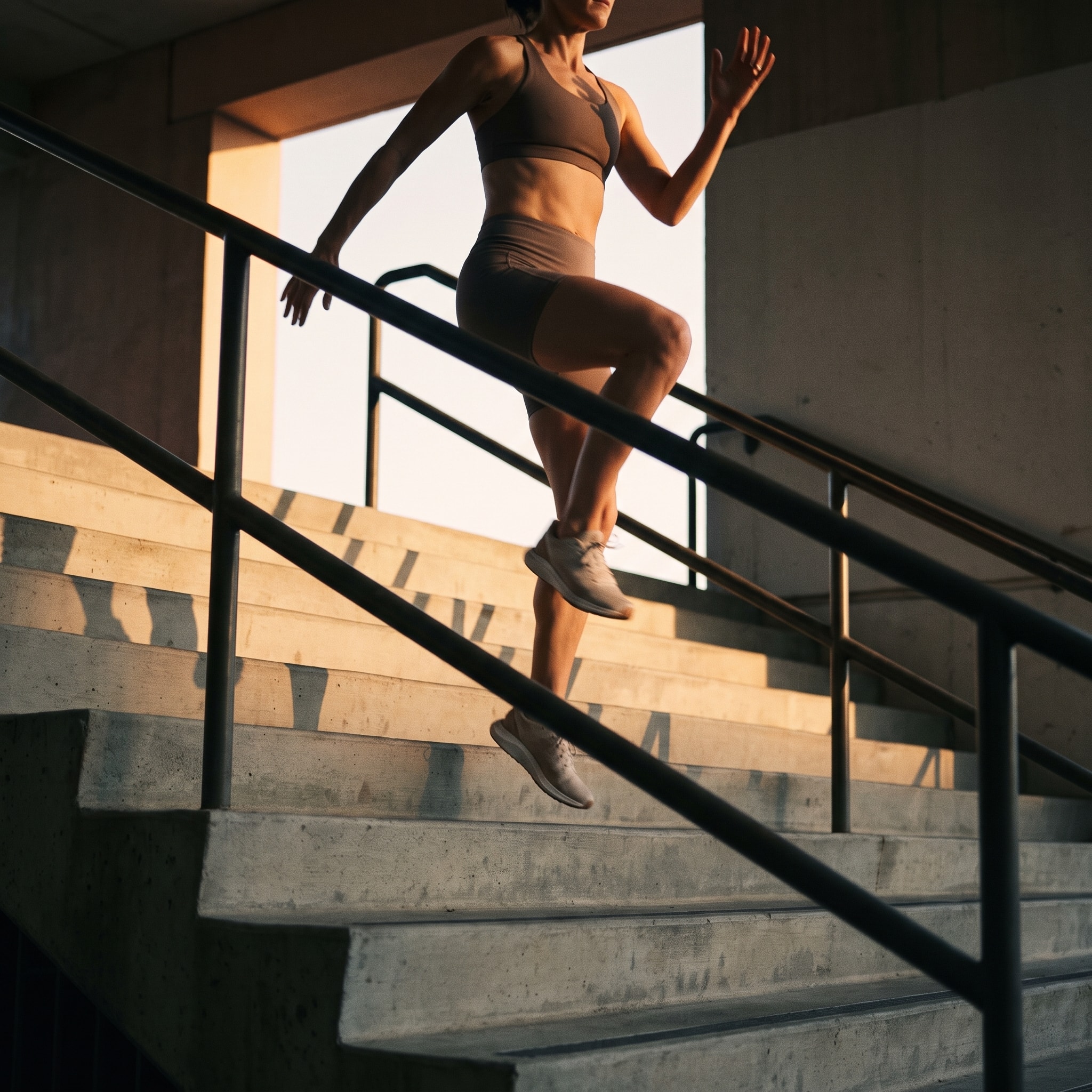 Runner bounding up concrete stairs in hard morning light.