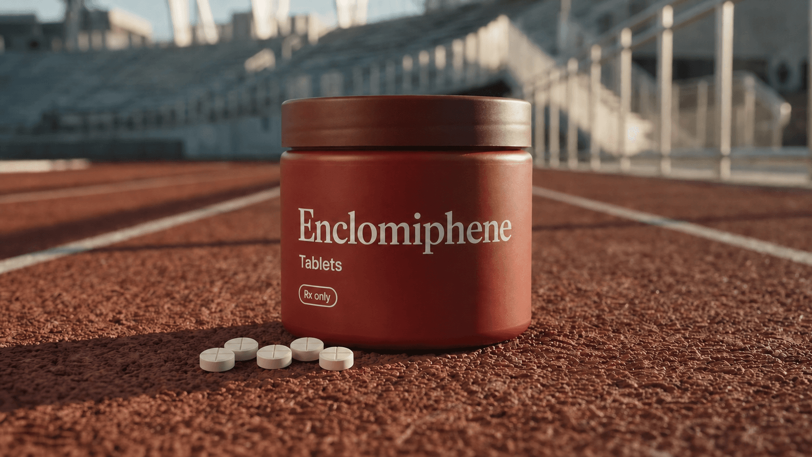 Enclomiphene tablets flex-dose tablets on a running track.