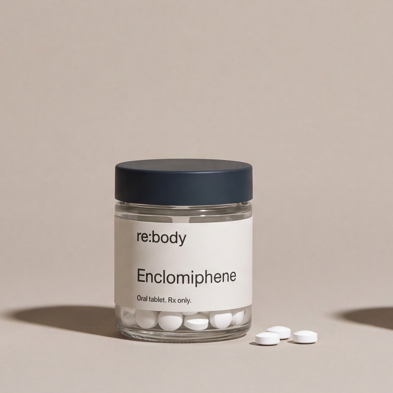 Rebody enclomiphene tablet jar with loose tablets on a warm neutral surface.