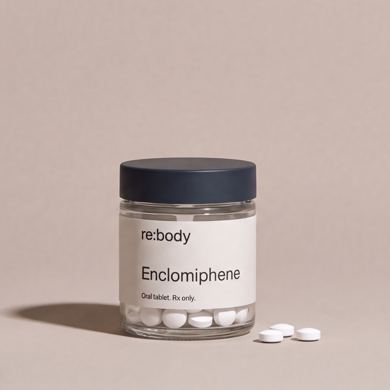 Rebody enclomiphene oral tablet jar with loose tablets.