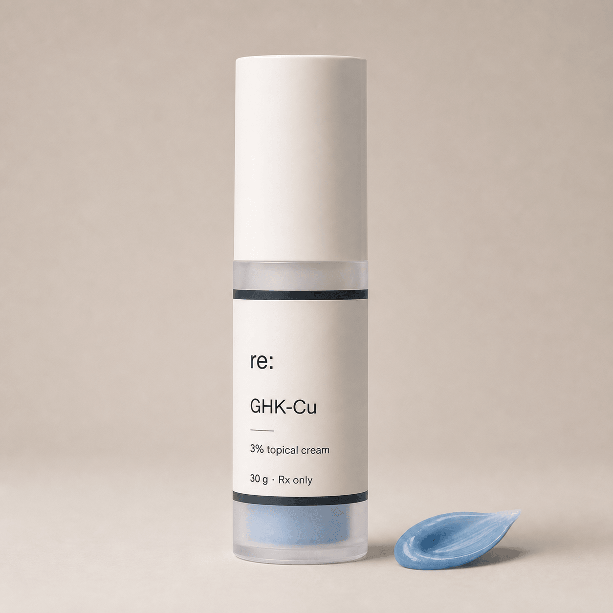 The Rebody GHK-Cu 3% topical cream in a frosted 30 gram airless pump beside a blue cream swatch.