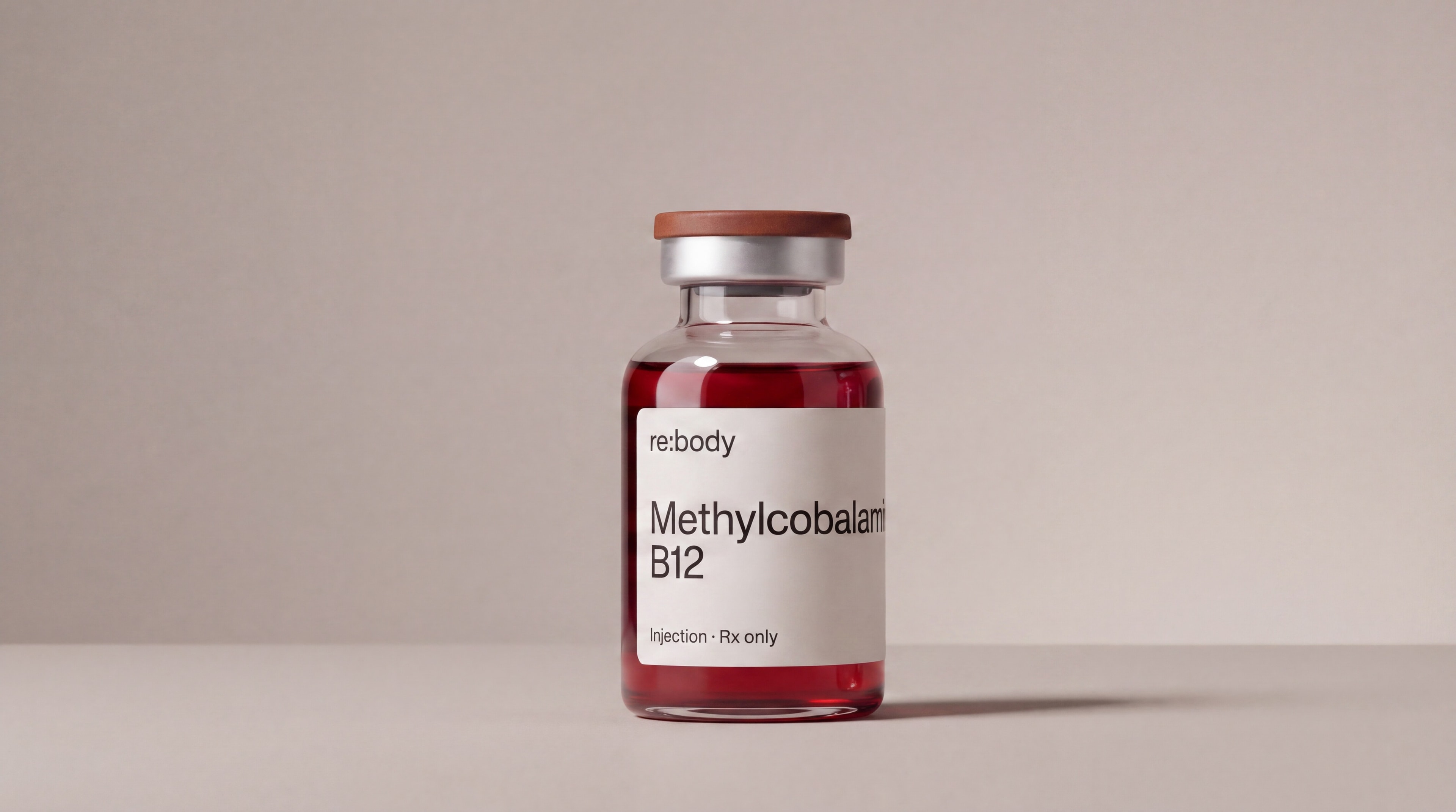 Rebody methylcobalamin B12 10 mL injection vial on a neutral studio surface.