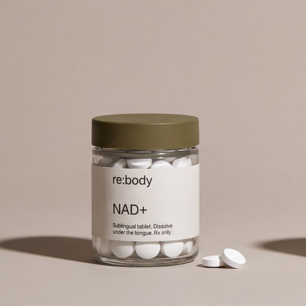Clear Rebody Brand V2 NAD+ sublingual tablet jar for needle-free support