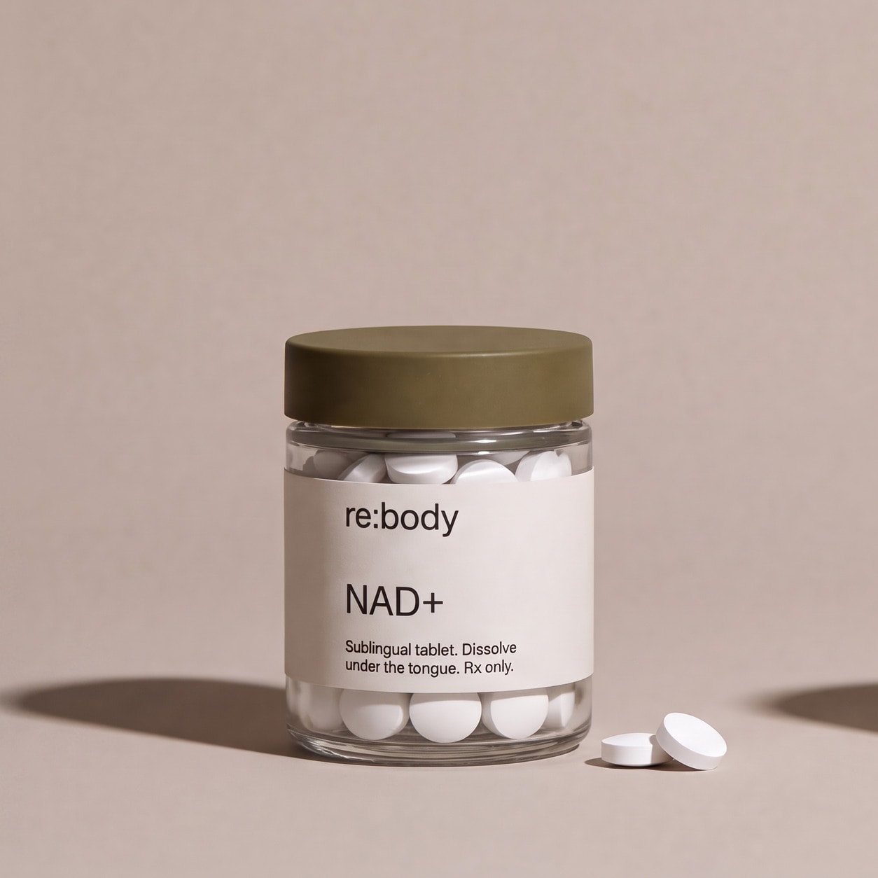 Rebody NAD+ sublingual tablet bottle.