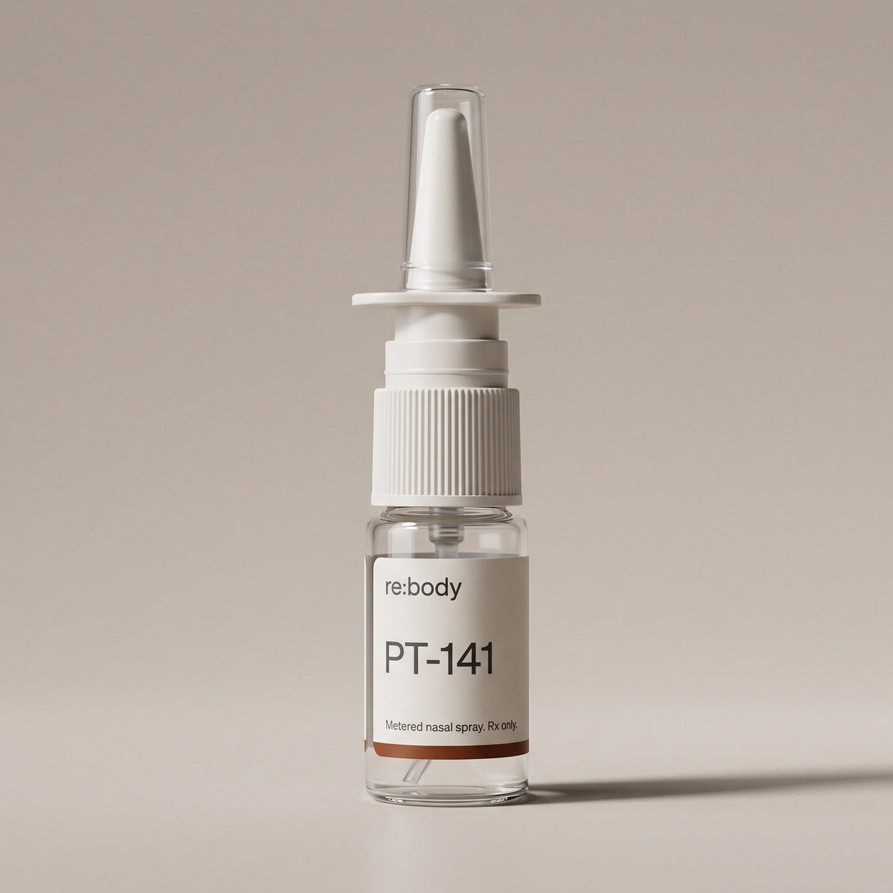 A clear PT-141 nasal spray bottle with a white pump and a rust label stripe.