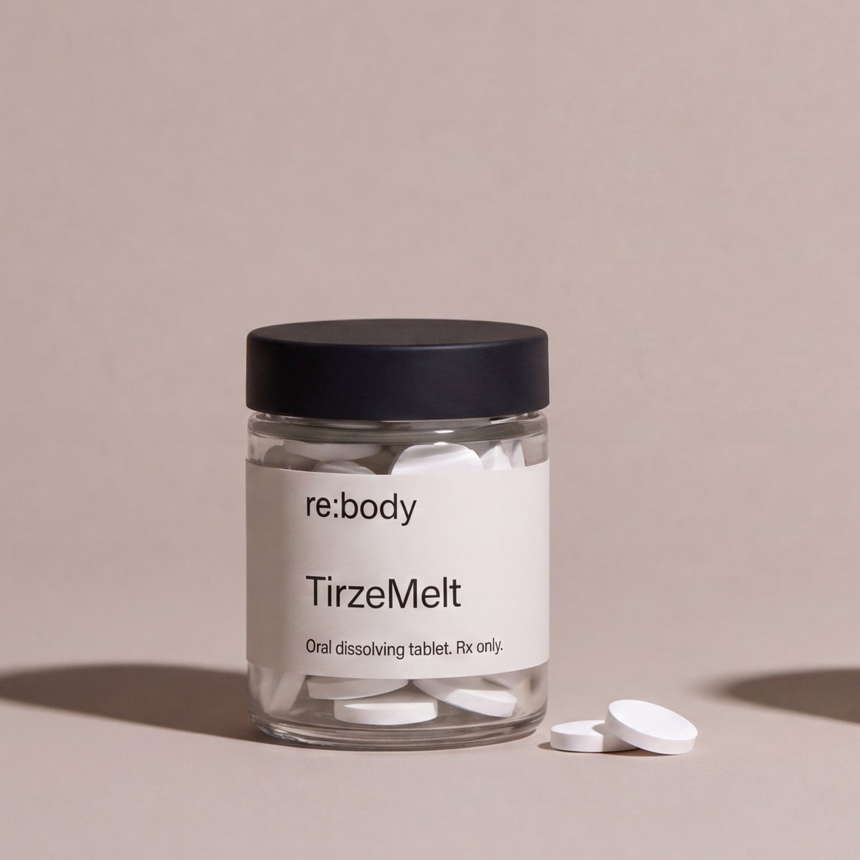 Rebody oral tirzepatide melt jar and tablet.